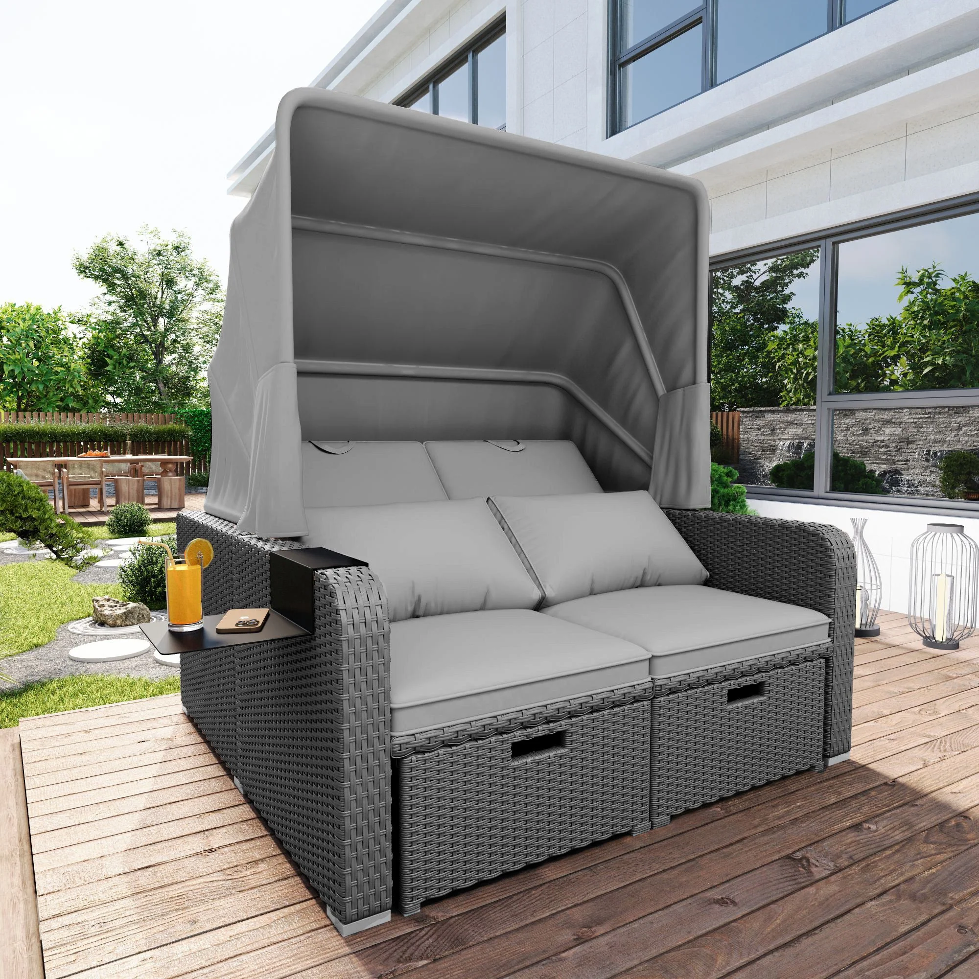 Polyrattan Garden Furniture Set for 2 People with Removable Awning, Grey - Image 2