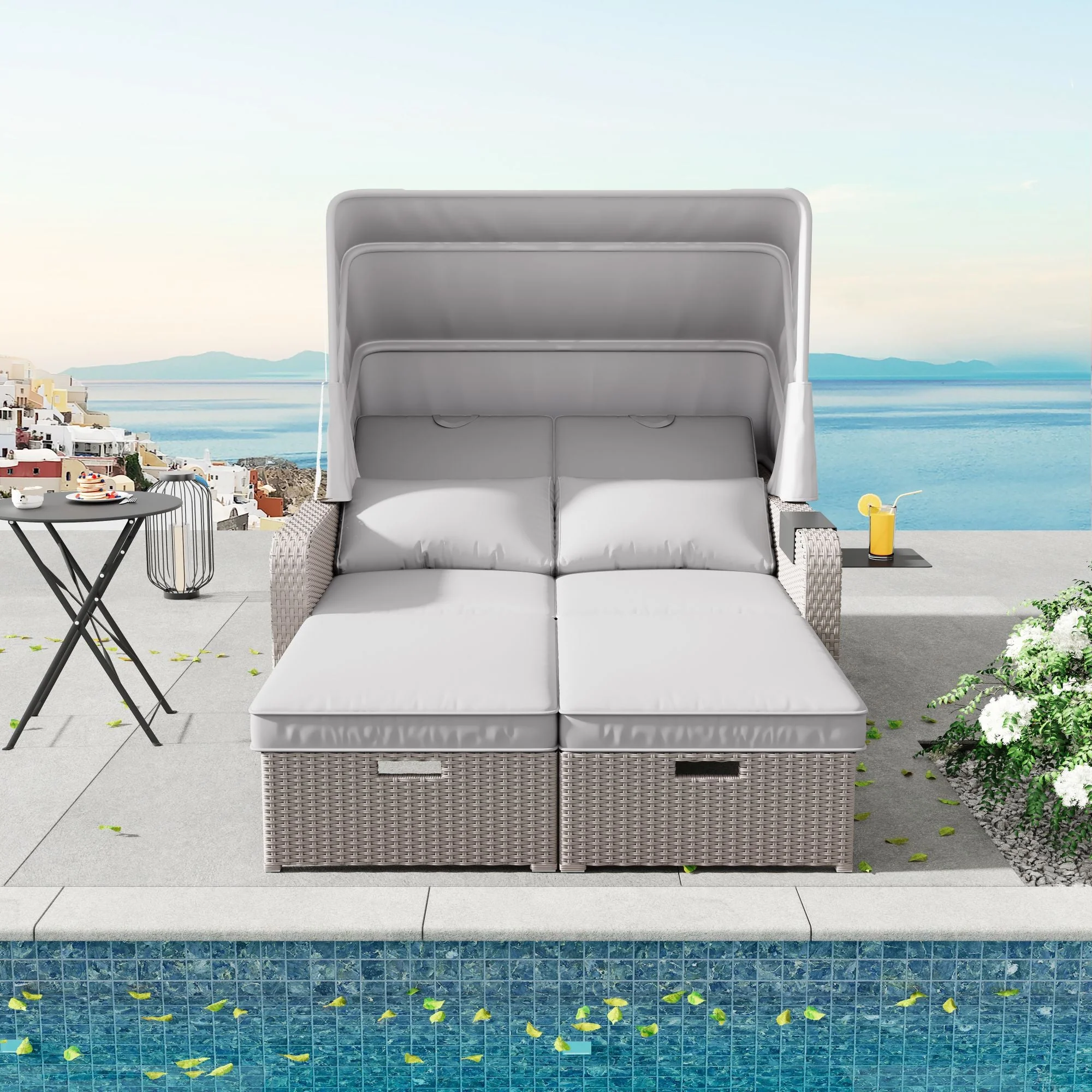 Polyrattan Garden Sofa for 2 People with Removable Awning, Khaki - Image 6