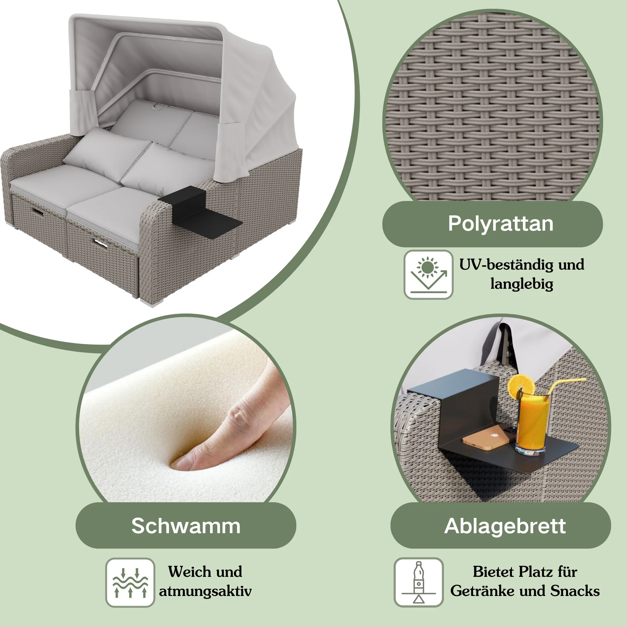 Polyrattan Garden Sofa for 2 People with Removable Awning, Khaki - Image 9