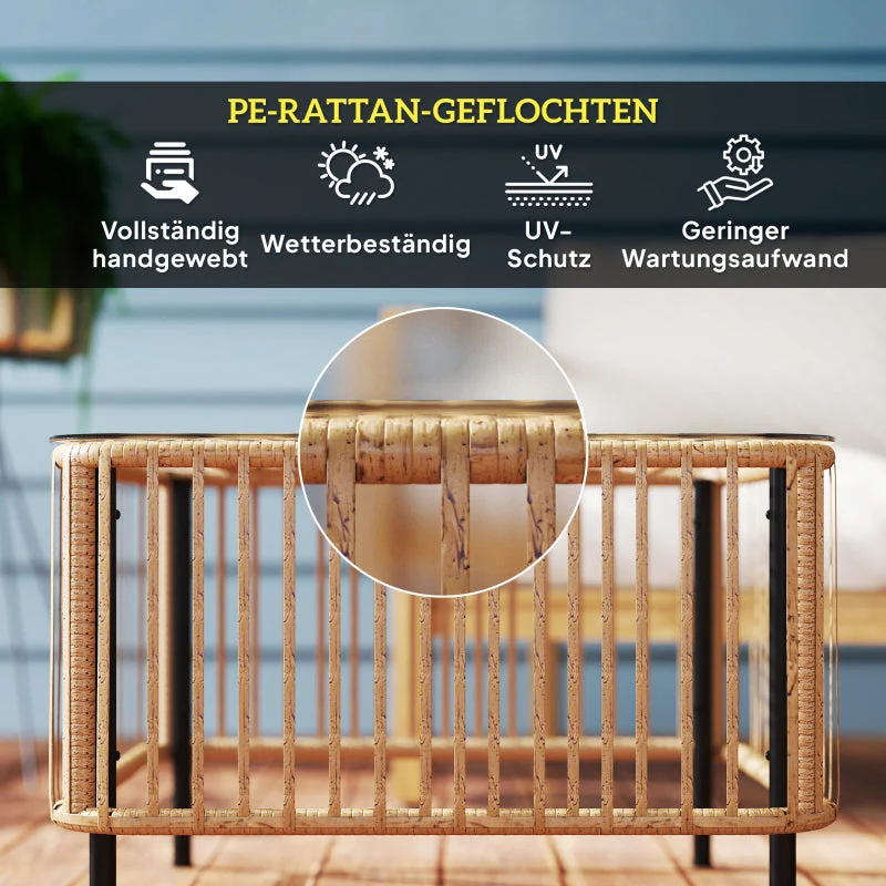 Polyrattan Garden Table, Weatherproof Side Table with Glass Top, Natural Wood - Image 5