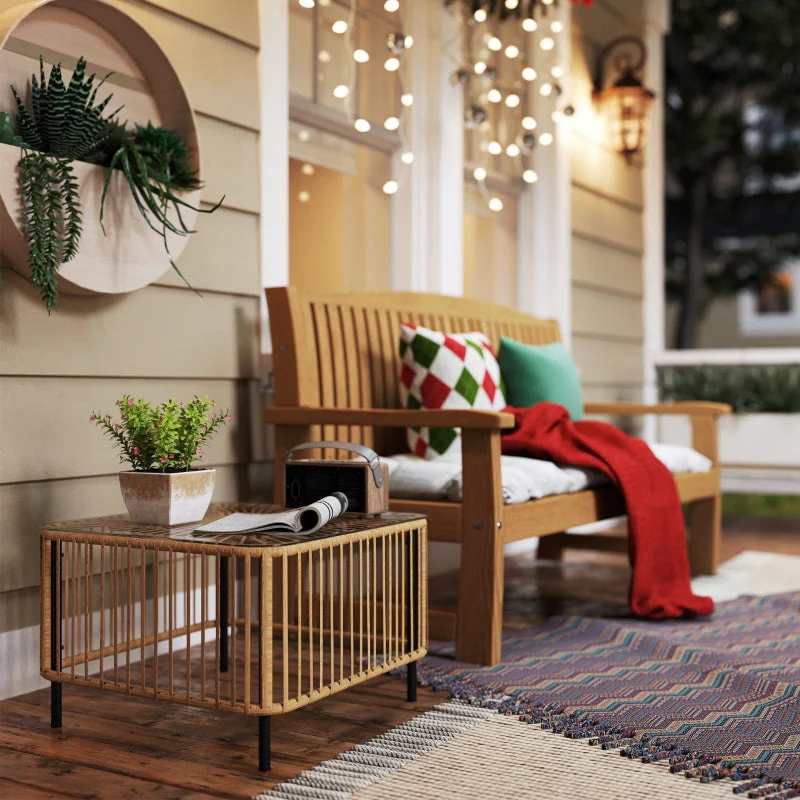 Polyrattan Garden Table, Weatherproof Side Table with Glass Top, Natural Wood - Image 8