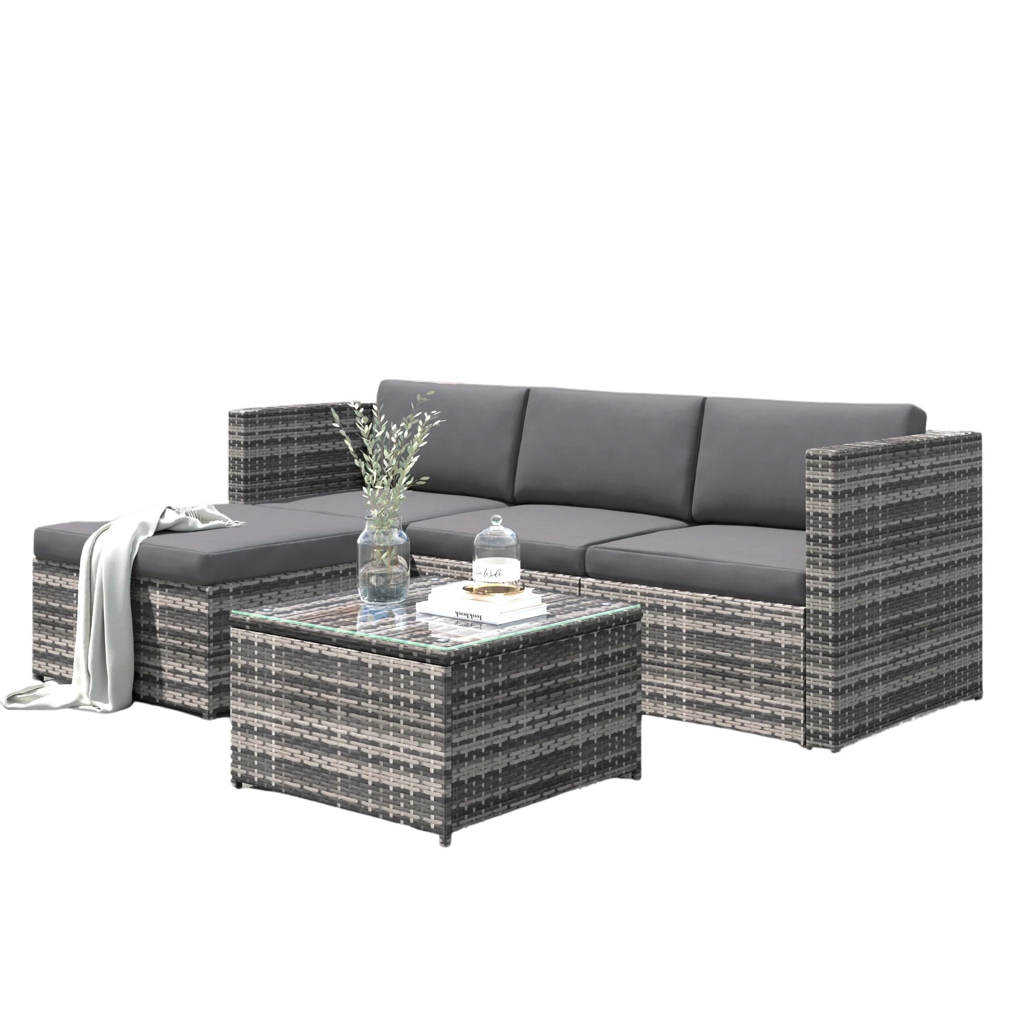 Polyrattan Lounge Sofa Set with Corner Sofa and Glass Top Table, Grey - Image 9