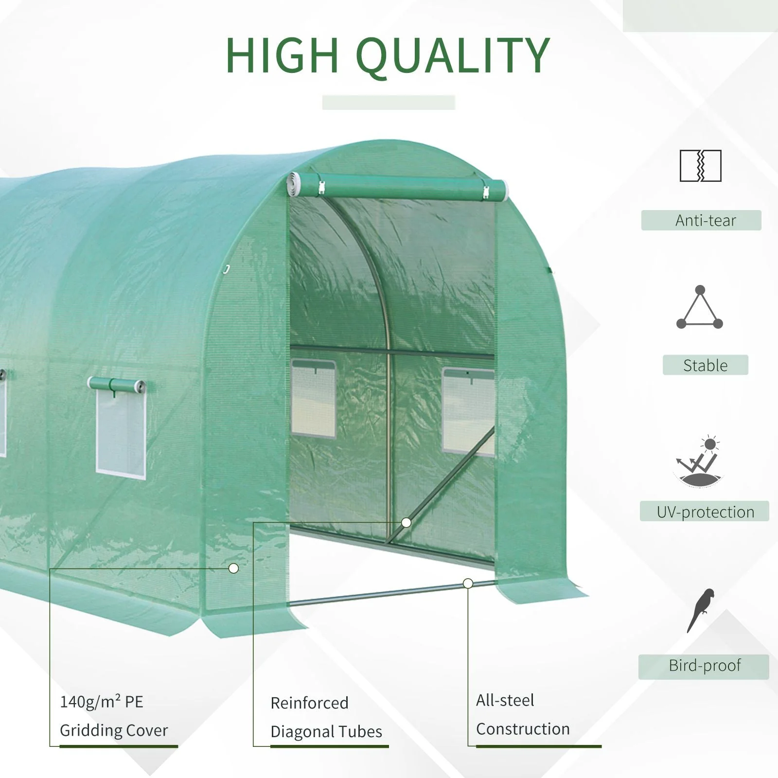 Polytunnel Tomato Greenhouse, 6 Mesh Windows Round Arched, Green - Image 5