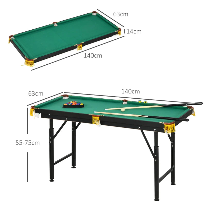 Pool Table with Folding and Height-Adjustable Design, Includes 2 Queues and 16 Balls, Green - Image 3
