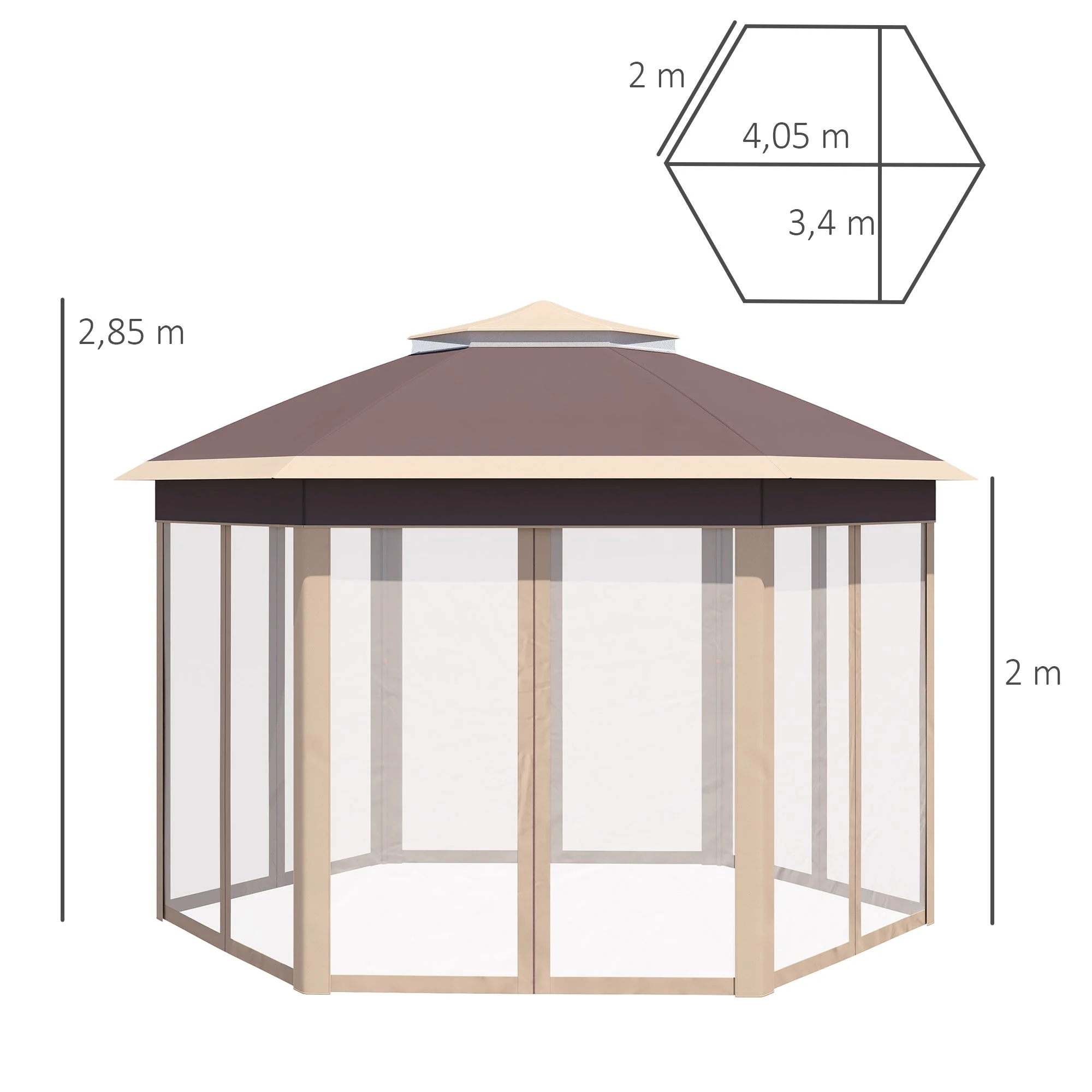 Pop-up Folding Pavilion, Hexagonal 4x4m Water UV-Resistant Double Roof, Polyester Beige/Khaki - Image 3