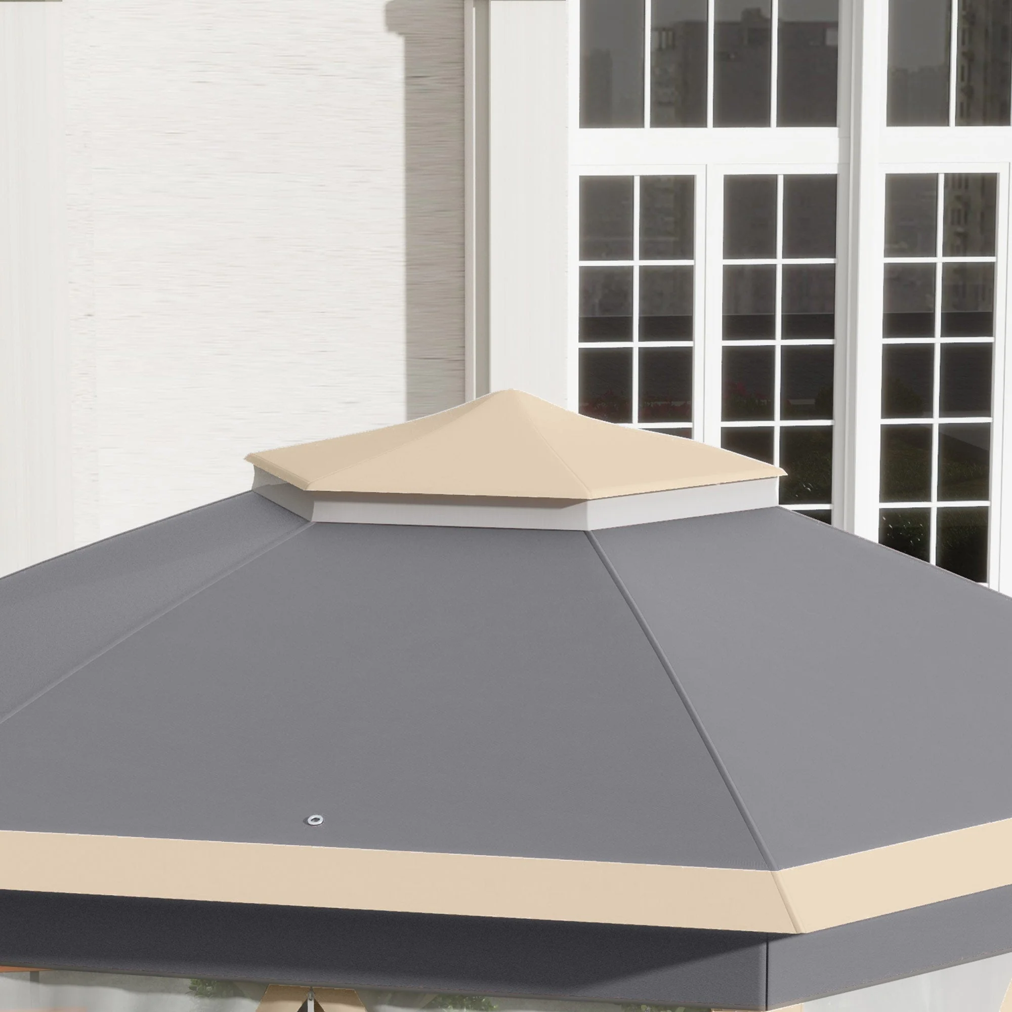 Pop-up Folding Pavilion, Hexagonal 4x4m Water UV-Resistant Double Roof, Polyester Beige/Khaki - Image 7