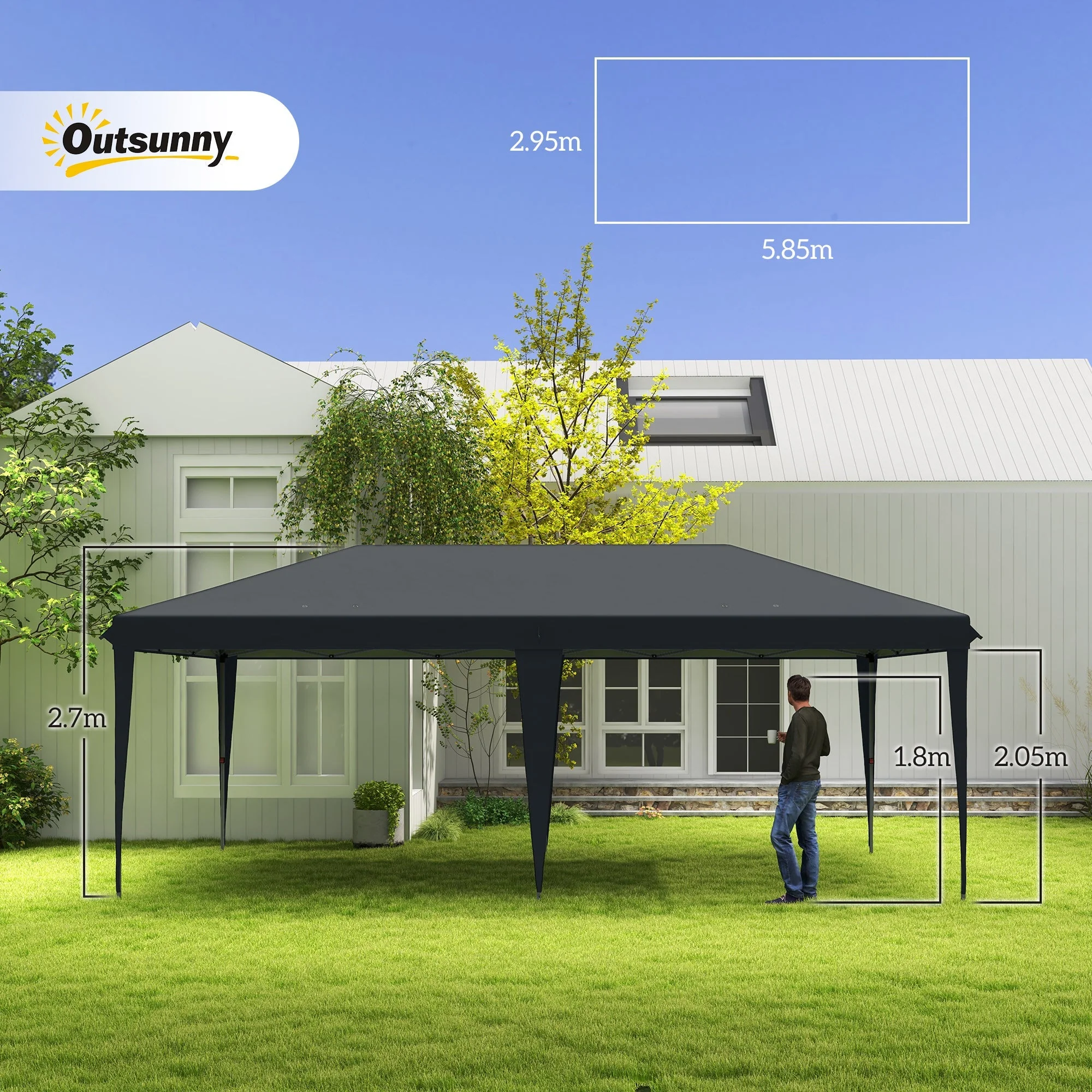 Pop Up Gazebo, 3 x 6m Foldable Canopy Tent Height Adjustable, Black - Image 3