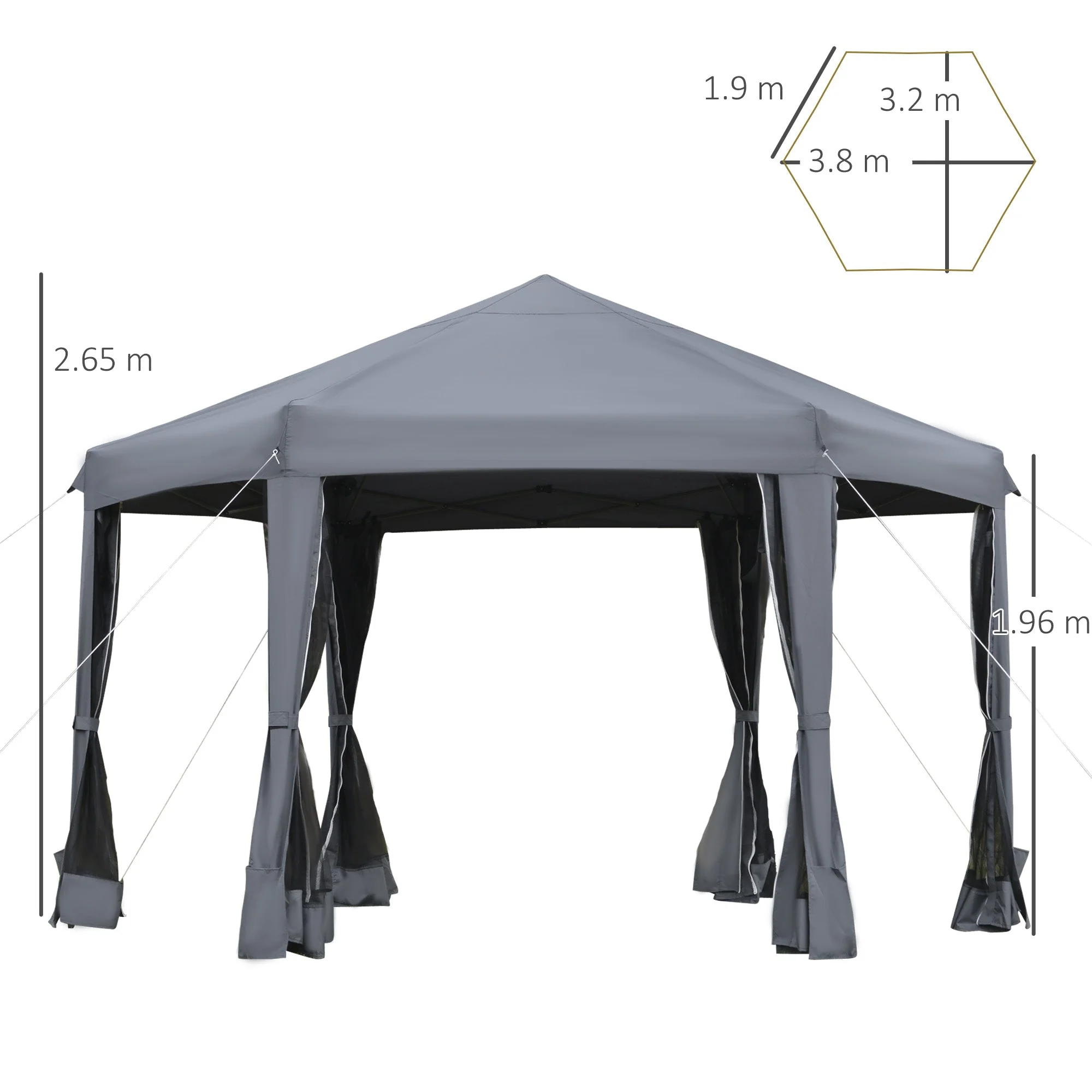 Pop Up Gazebo Hexagonal Canopy Tent with 6 Mesh Sidewalls, Grey - Image 3