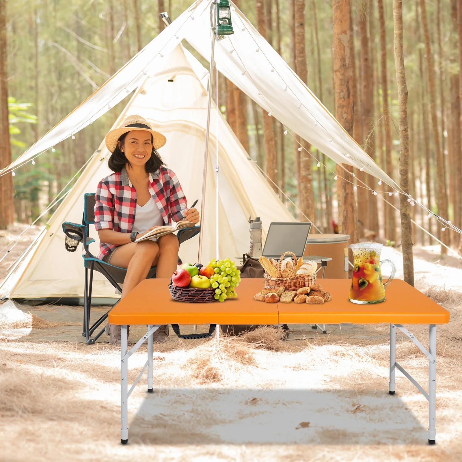 Portable Folding Table 125cm Adjustable Height, Orange