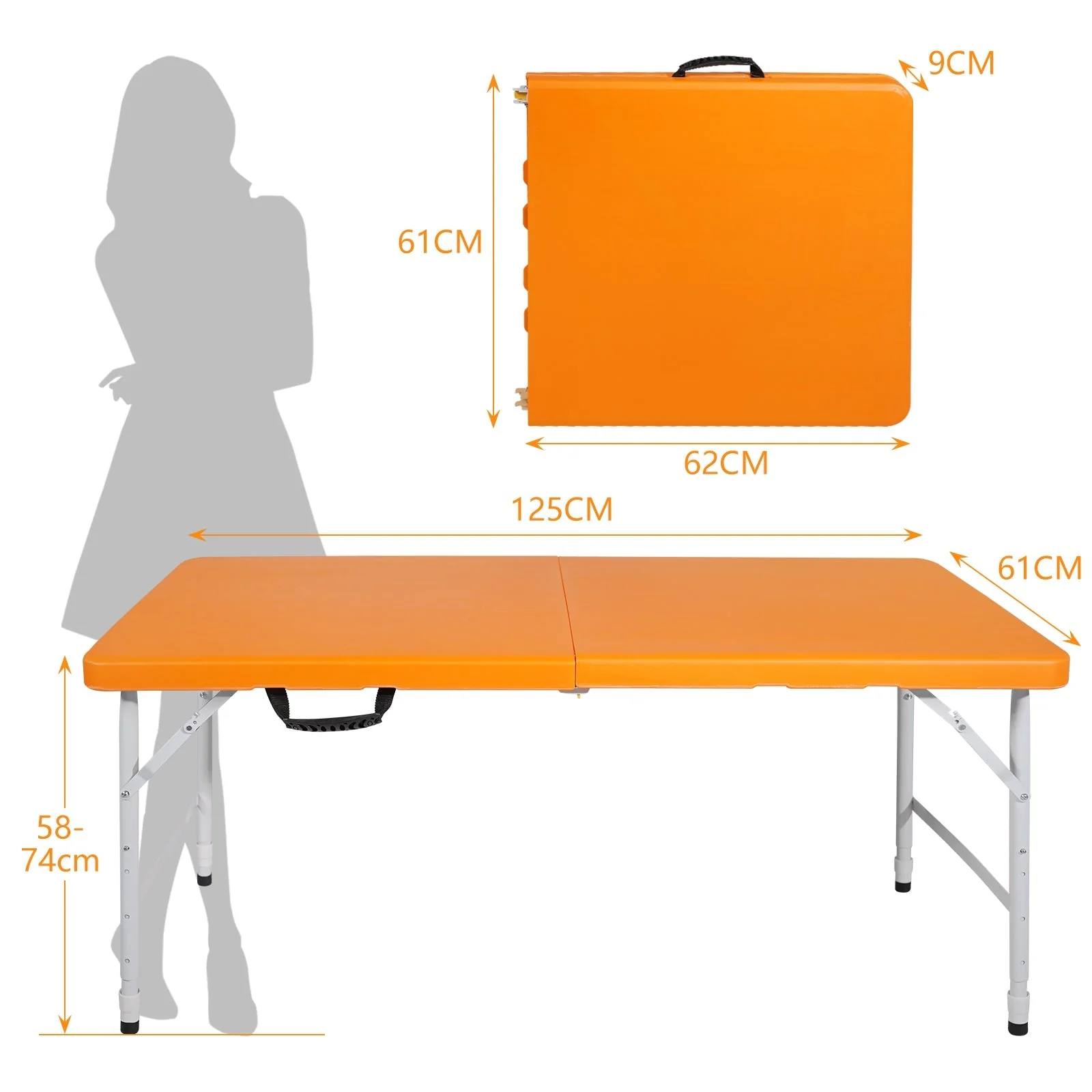 Portable Folding Table 125cm Adjustable Height, Orange - Image 7