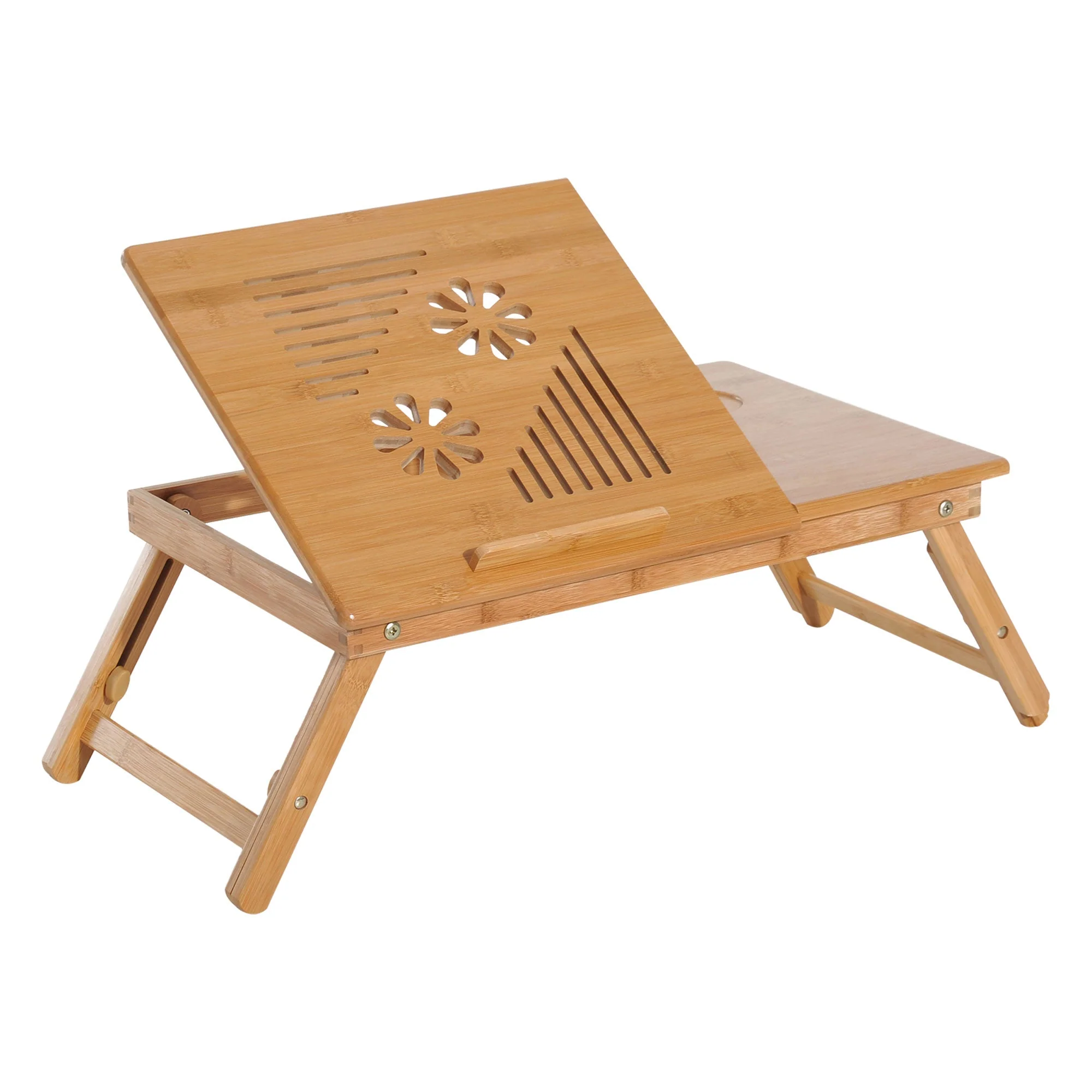 Portable Laptop Desk Bed Table, Adjustable Foldable with Drawer, Natural Wood Bamboo - Image 2