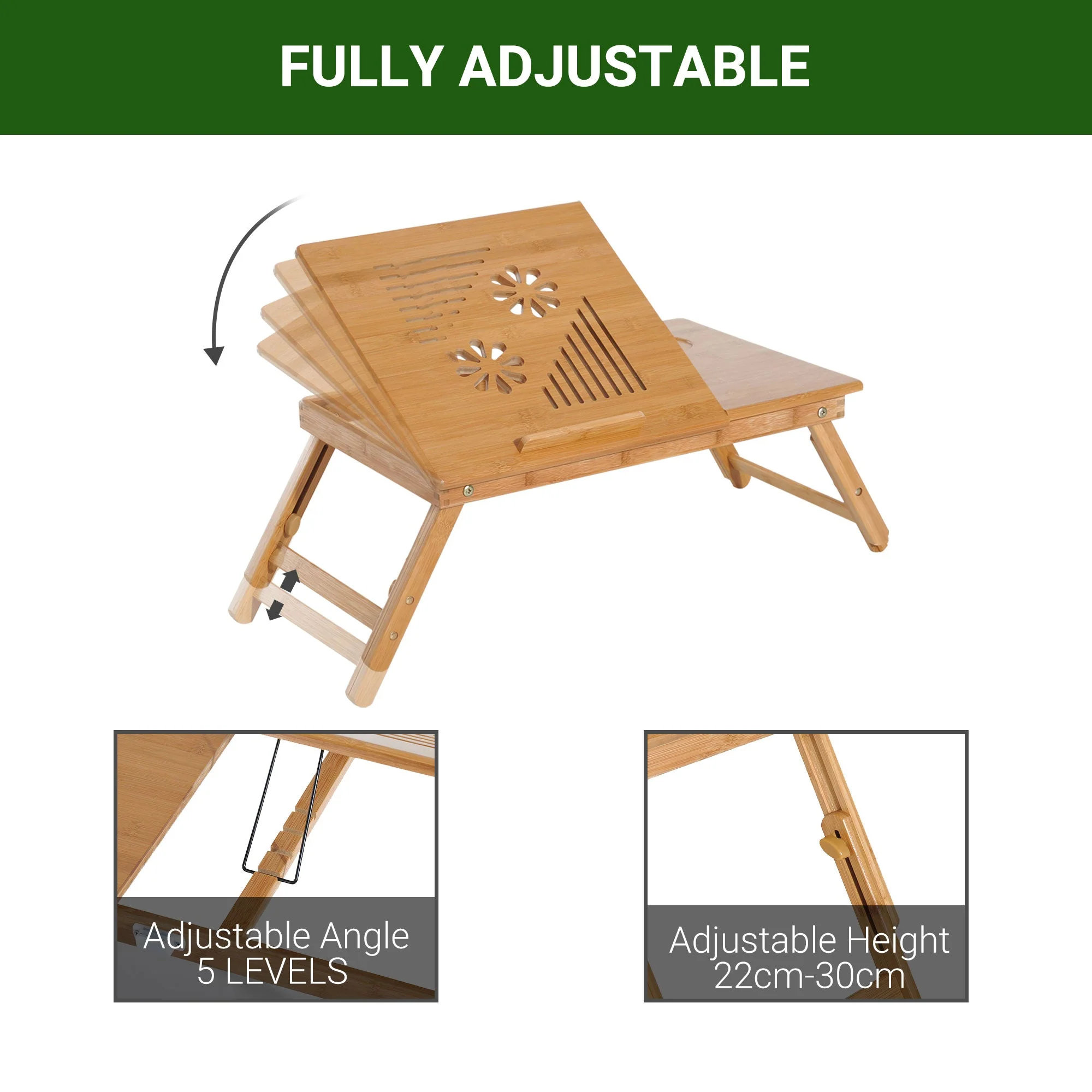 Portable Laptop Desk Bed Table, Adjustable Foldable with Drawer, Natural Wood Bamboo - Image 4