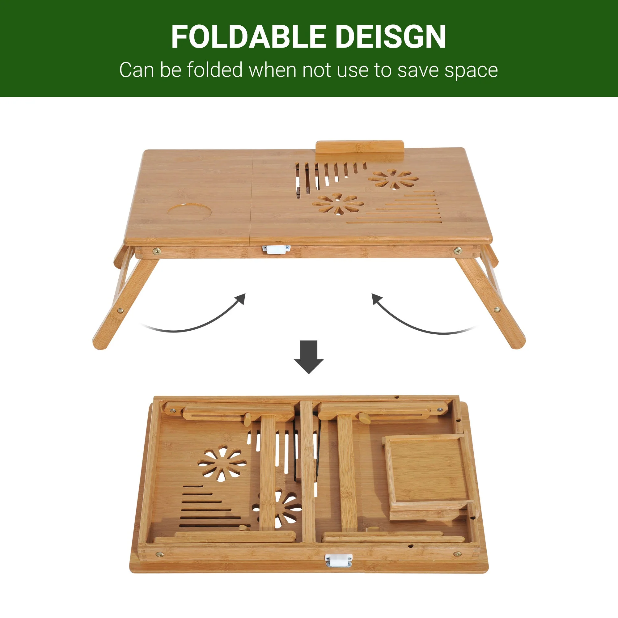 Portable Laptop Desk Bed Table, Adjustable Foldable with Drawer, Natural Wood Bamboo - Image 5