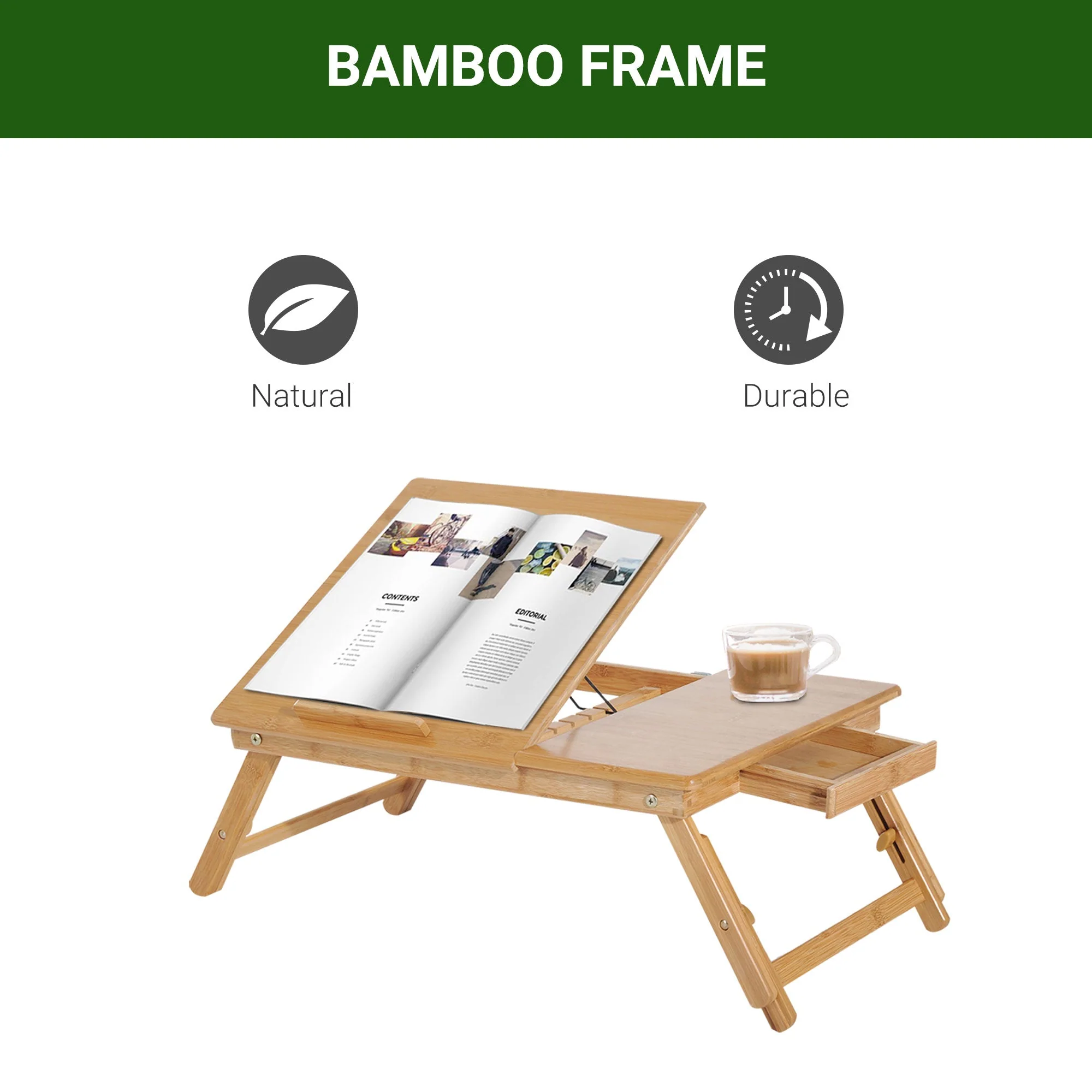 Portable Laptop Desk Bed Table, Adjustable Foldable with Drawer, Natural Wood Bamboo - Image 6