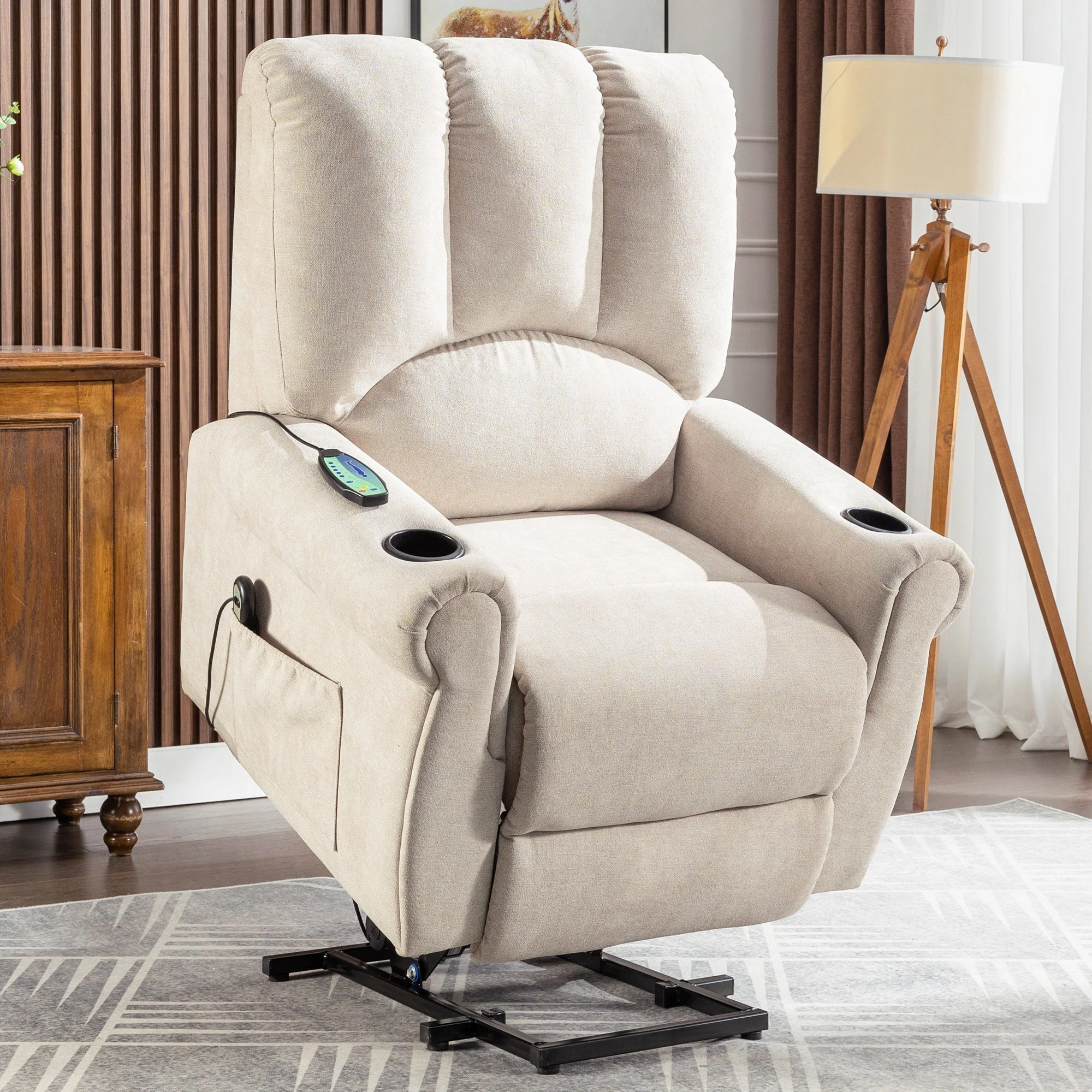 Power Lift Geriatric Recliner Chair with Single Motor, Heated Massage, Standing Assist, Storage Bag & Cup Holder in Beige - Image 2