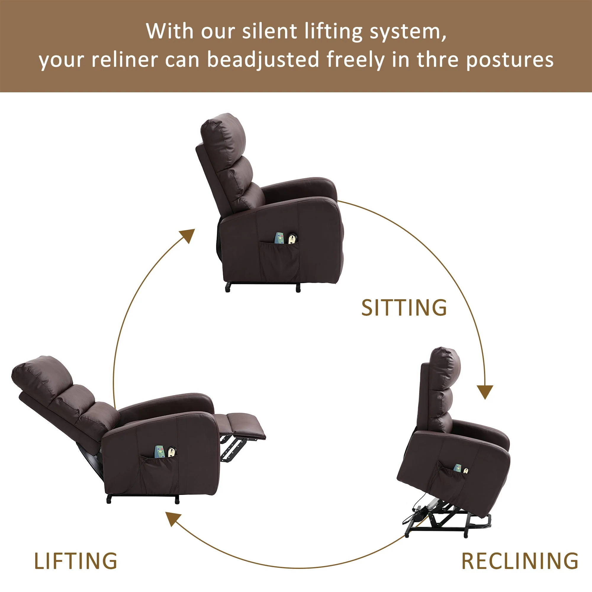 Power Massage Lift Recliner Chair, Heat, Vibration, Remote Control, PU Leather Brown - Image 10
