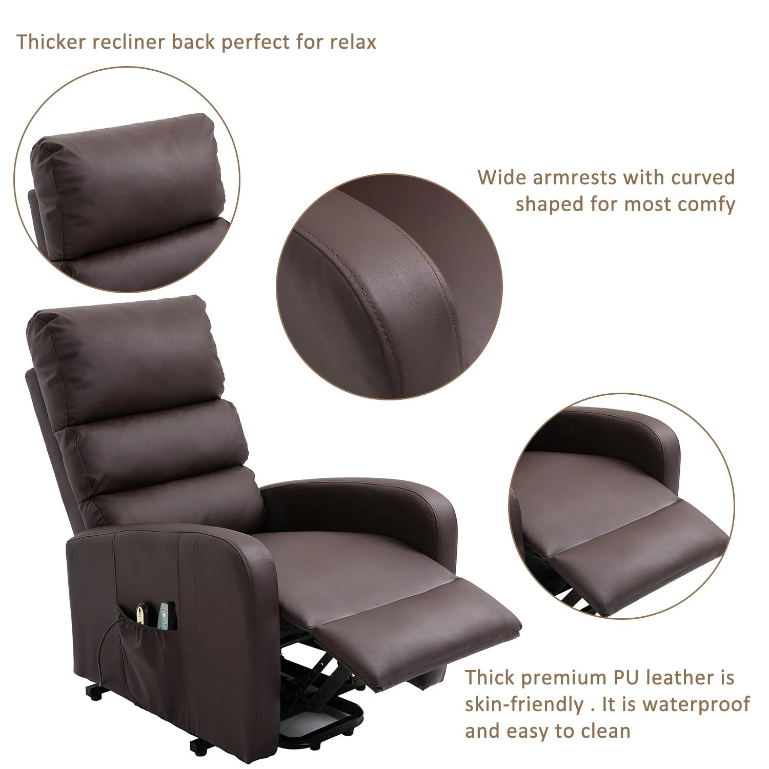 Power Massage Lift Recliner Chair, Heat, Vibration, Remote Control, PU Leather Brown - Image 11