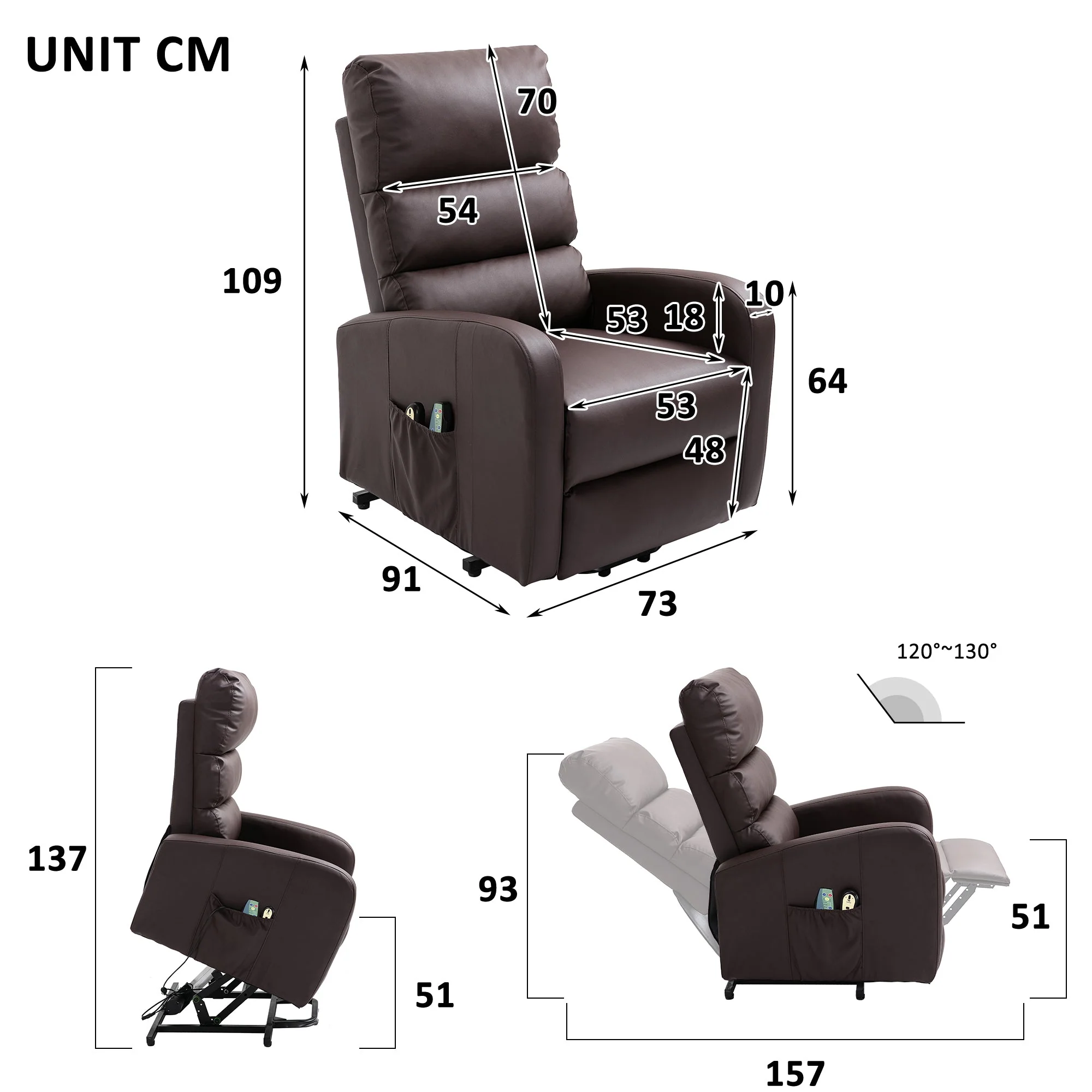 Power Massage Lift Recliner Chair, Heat, Vibration, Remote Control, PU Leather Brown - Image 17