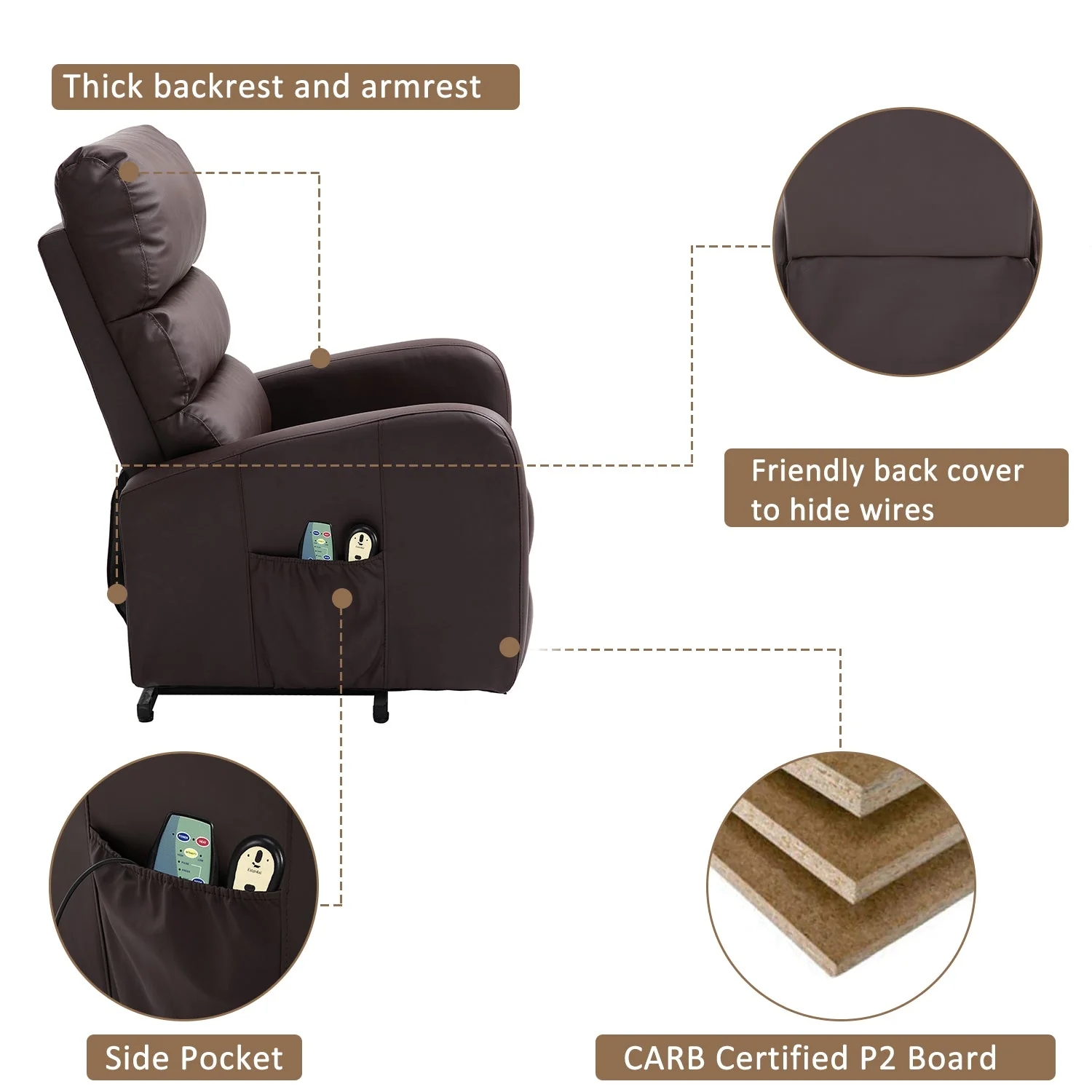Power Massage Lift Recliner Chair, Heat, Vibration, Remote Control, PU Leather Brown - Image 20