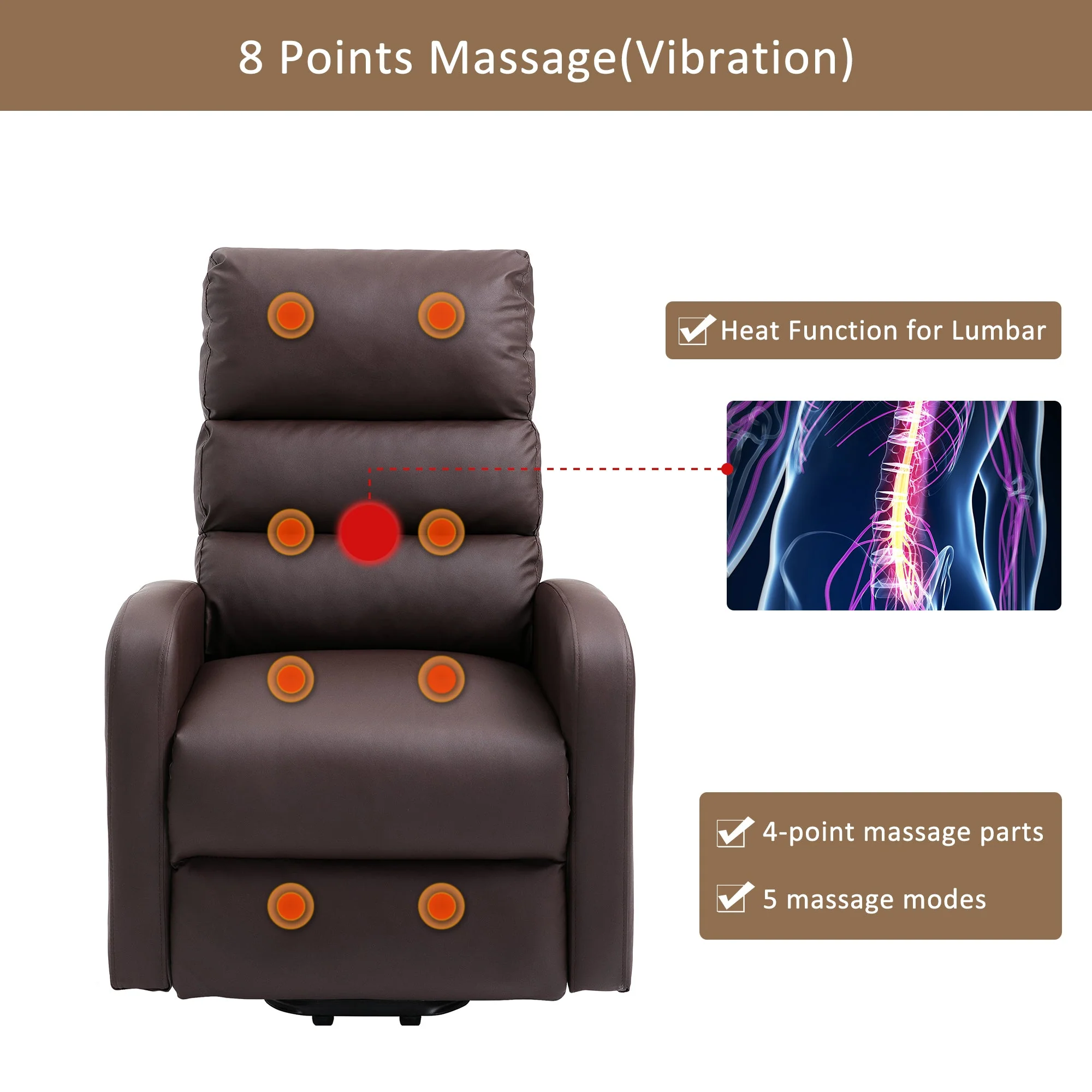 Power Massage Lift Recliner Chair, Heat, Vibration, Remote Control, PU Leather Brown - Image 21
