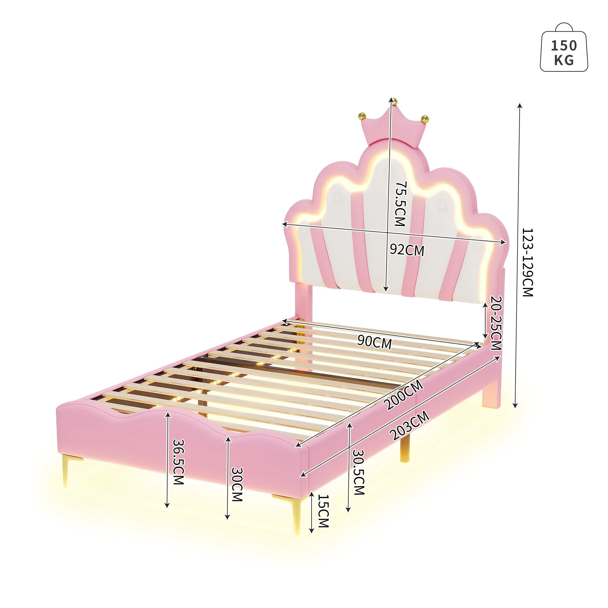 Princess Bed 90x200cm Crown Headboard Upholstered with Adjustable LED Light Pink PU Leather - Image 5
