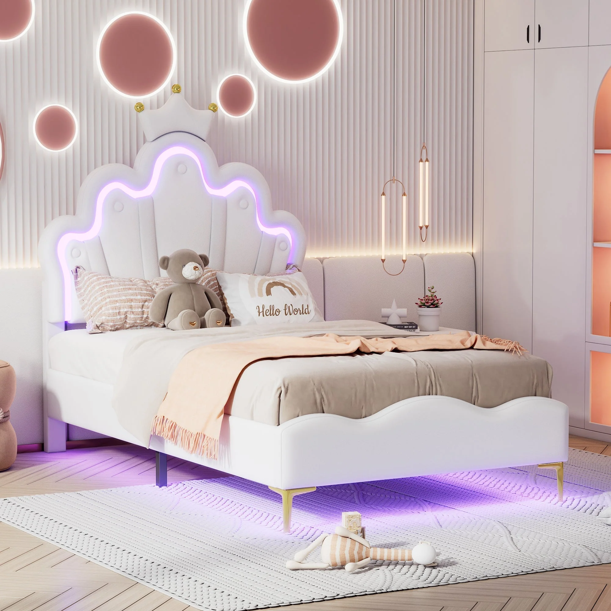 Princess Bed 90x200cm Crown Shaped PU Leather Upholstered LED - White - Image 2