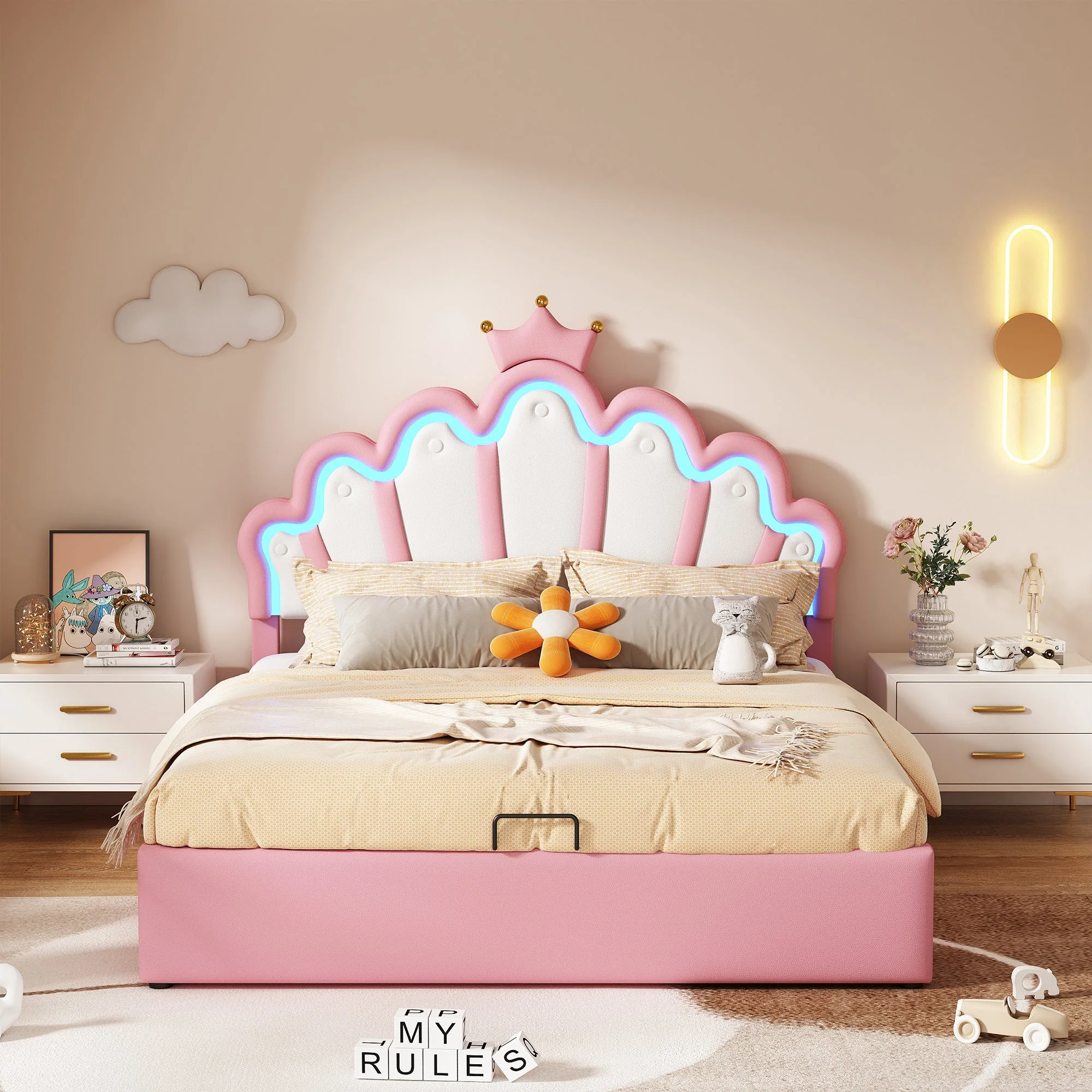 Princess Upholstered Bed 140x200cm Adjustable LED Crown Rail - Pink - Image 2