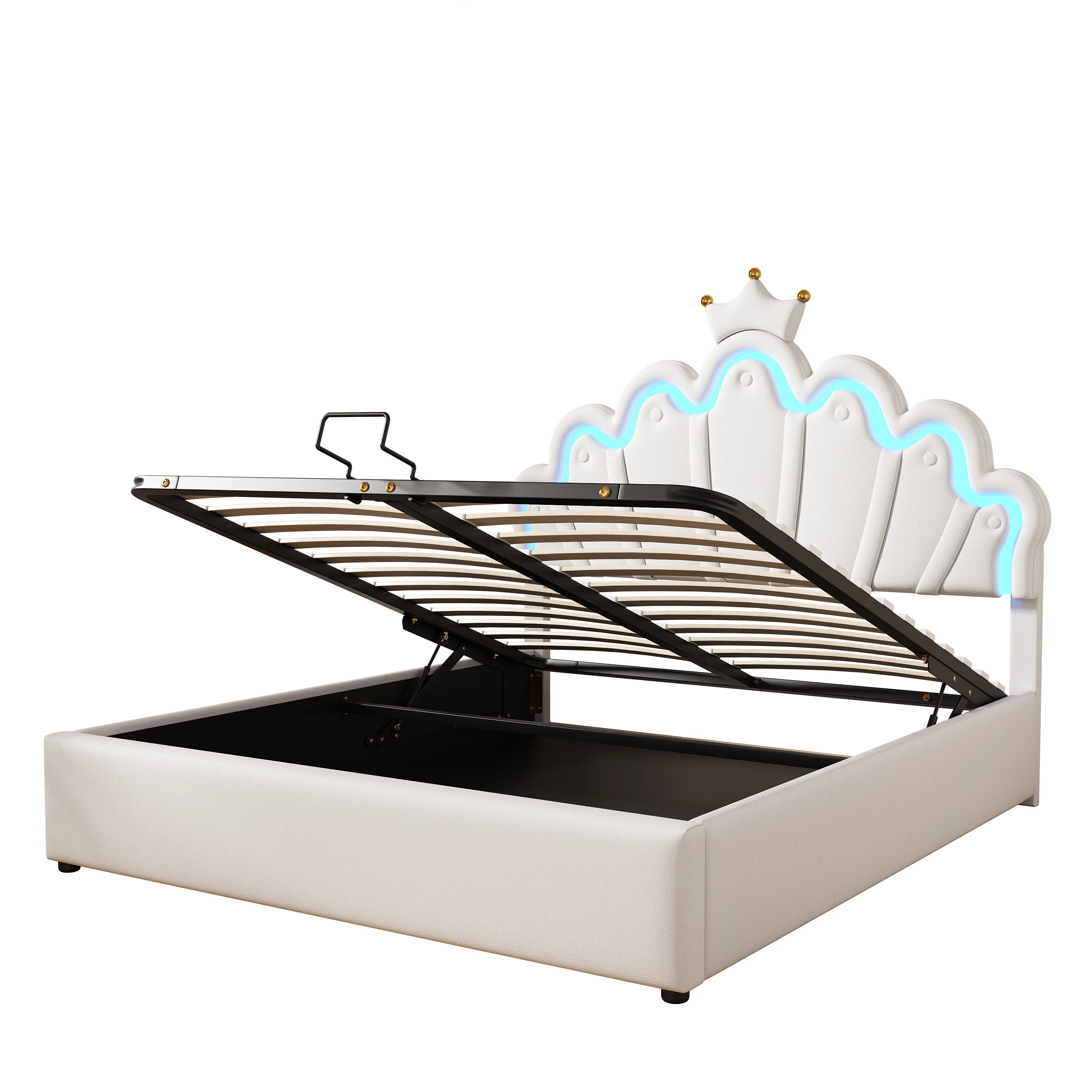 Princess Upholstered Bed 140x200cm Adjustable LED Lighting Crown Rail - White - Image 10