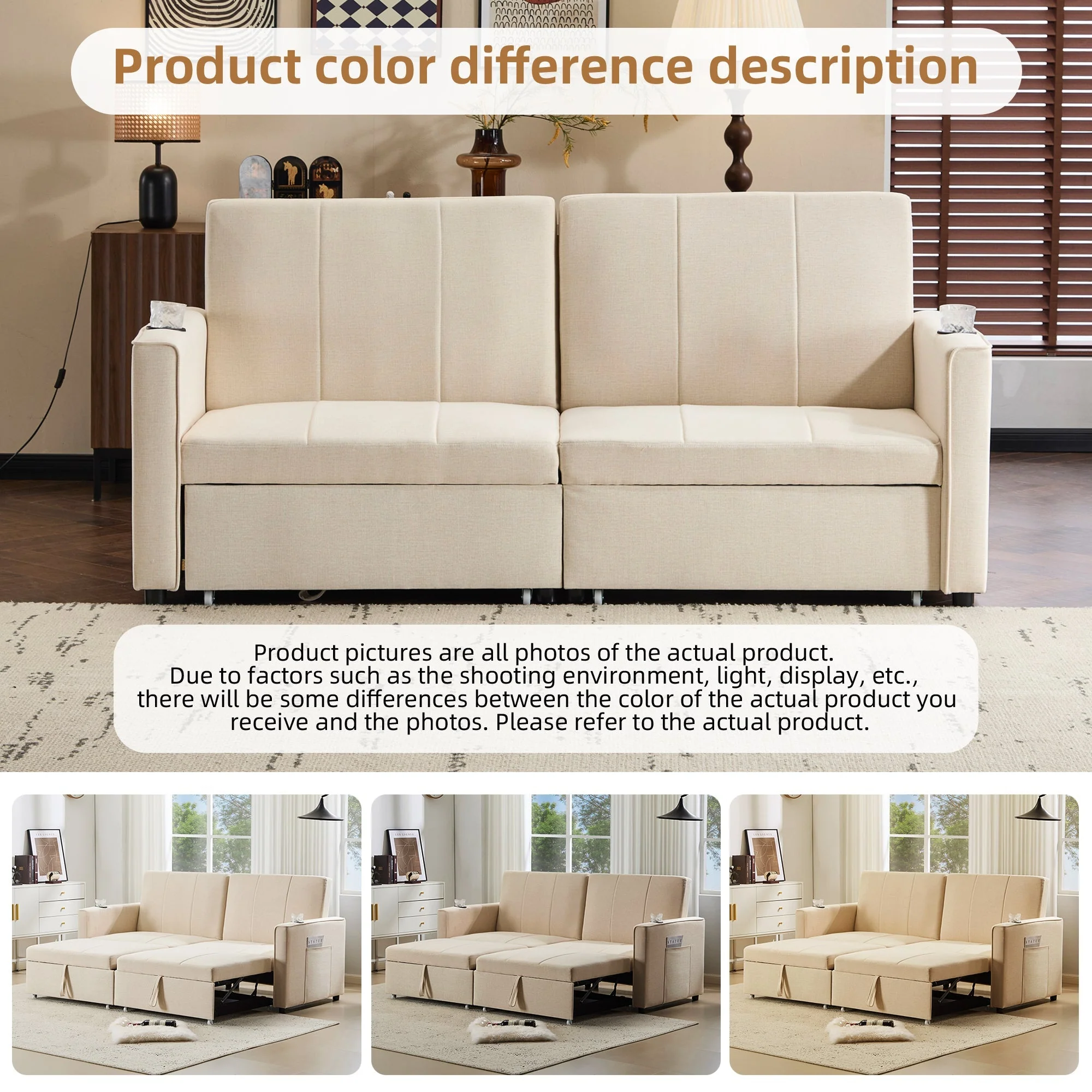 Pull Out Sofa Bed - 207cm King Size Independent, Convertible Fabric, with Cup Holders & Side Pockets - Image 4