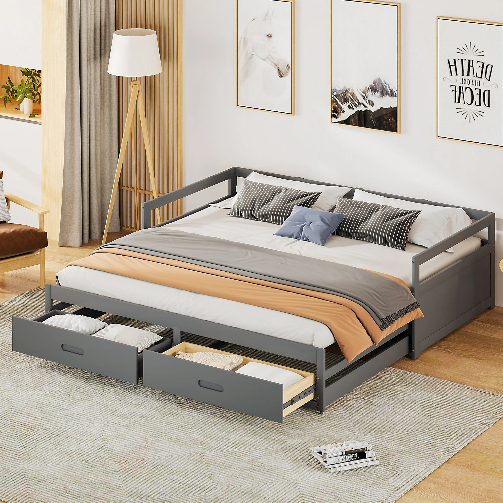 Pull-out Sofa Bed, 90/180*200 cm with Drawers, Pine, Grey - Image 2