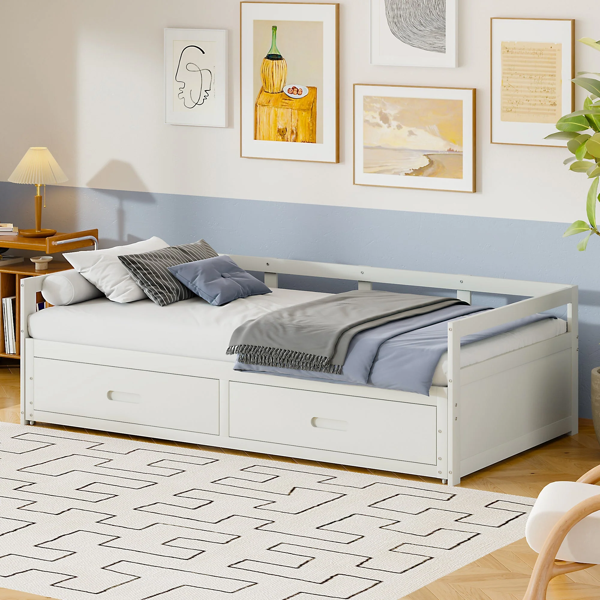 Pull-out Sofa Bed, 90/180x200 cm, Drawers & Slatted Frame, Pine Wood, White - Image 3