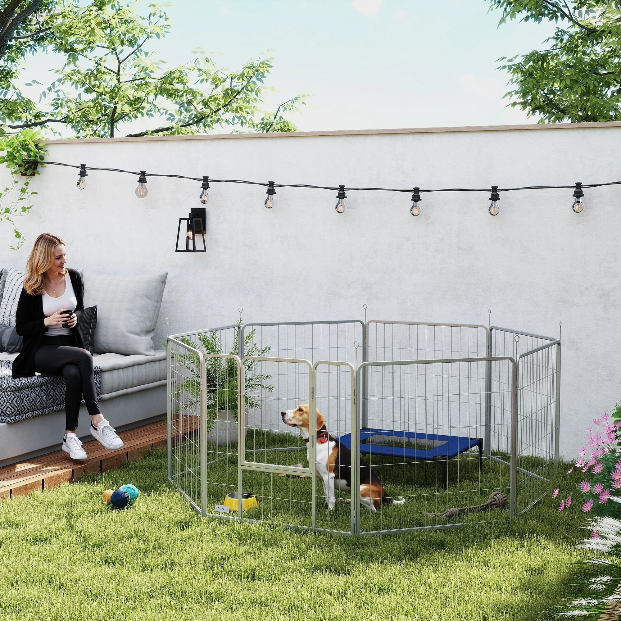 Puppy Playpen, 8-Piece 80cm High Outdoor Playpen with Door, Steel Silver - Image 3
