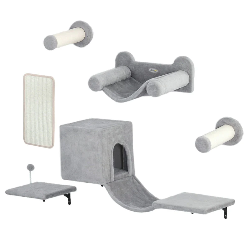 PwaHut Cat Climbing Wall Set with Cat House, Hammock, Scratching Post, Grey