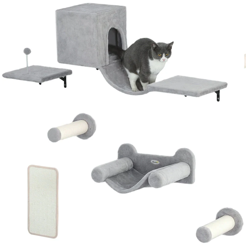 PwaHut Cat Climbing Wall Set with Cat House, Hammock, Scratching Post, Grey - Image 8