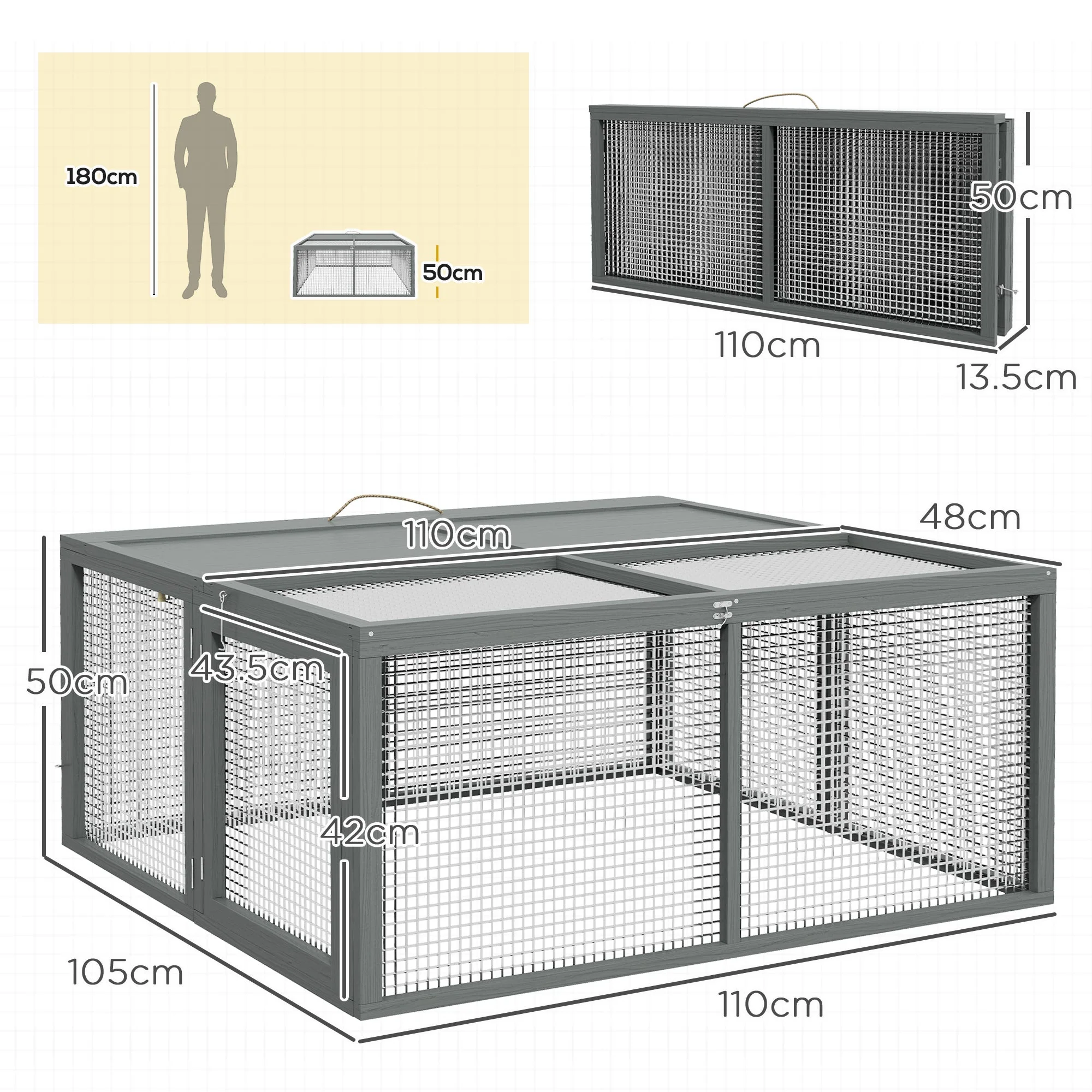 Rabbit Hutch Foldable Cage with Run Hinged Roof, Natural Wood - Image 3