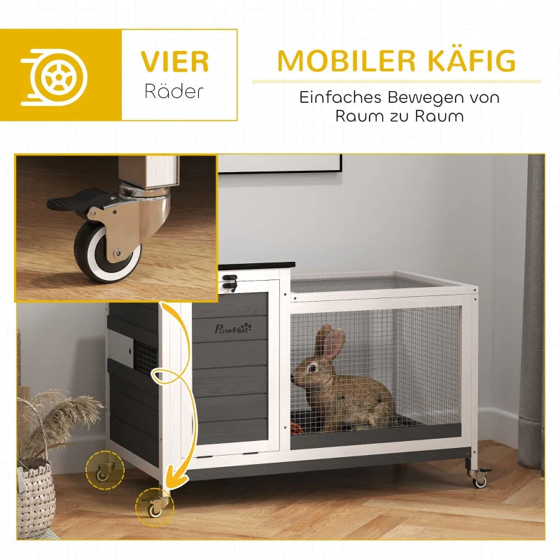 Rabbit Hutch, Free-Range Enclosure with Wheels, Folding Roof, Wooden Dark Grey - Image 6