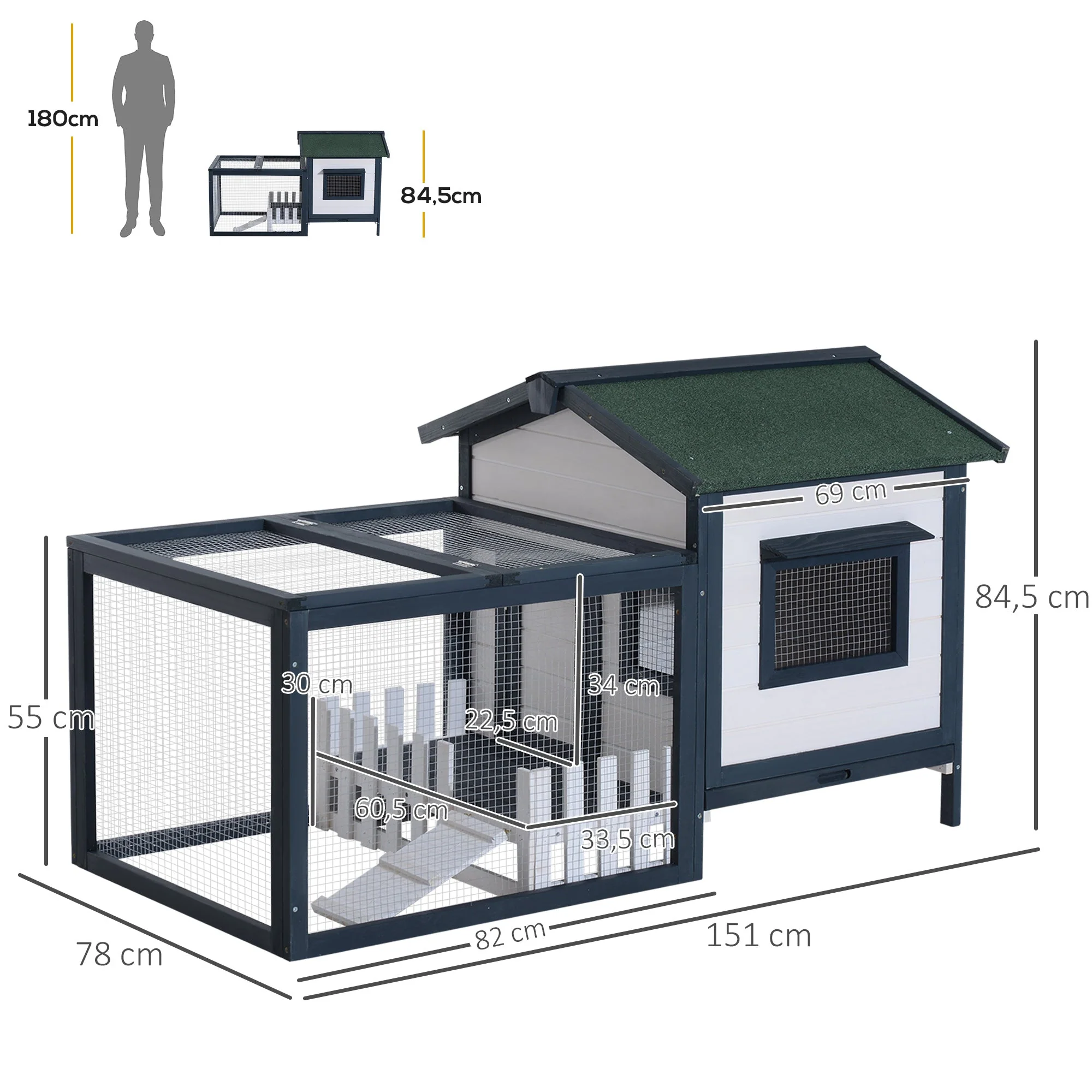 Rabbit Hutch Small Animal Cage, 151x78x84.5 cm Outdoor Run Ramp, Green White - Image 3