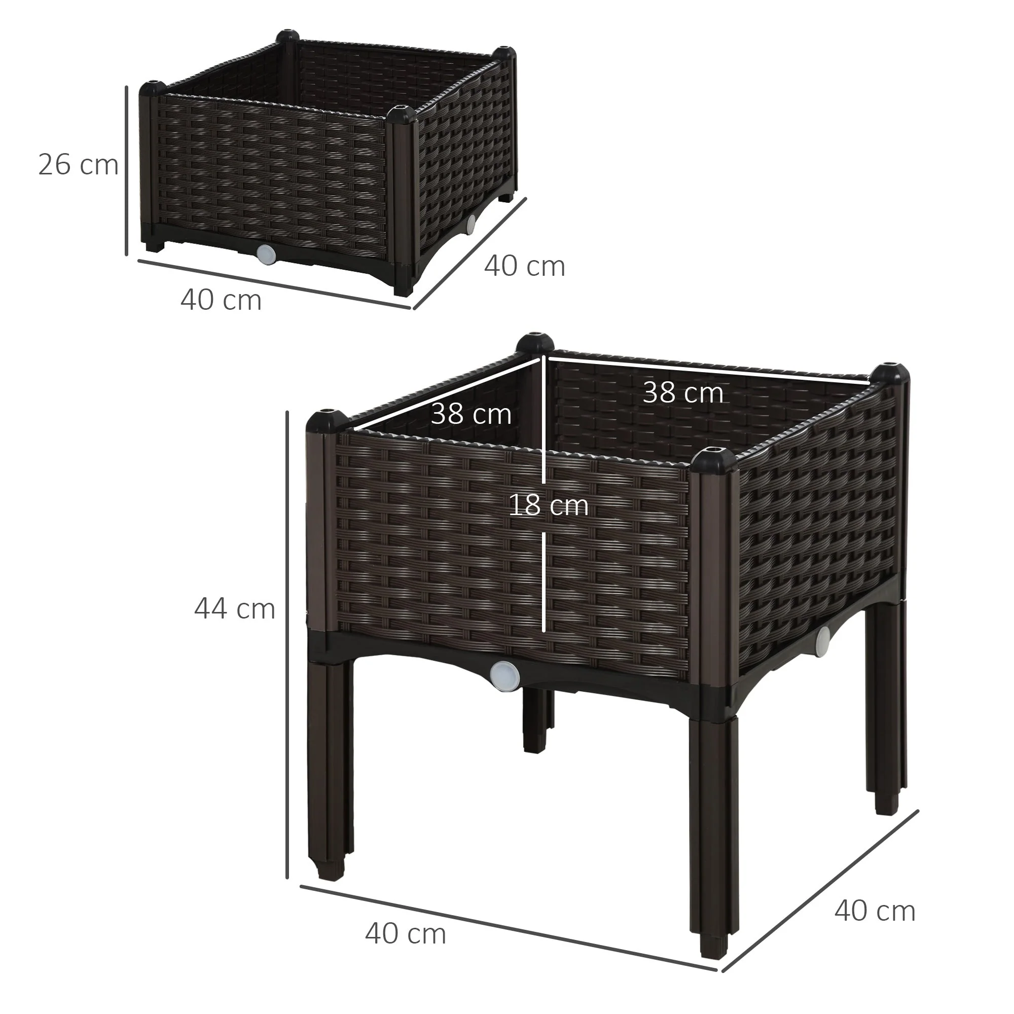 Raised Bed Double Planter, Rattan Look, 80x40x44cm, PP, Brown - Image 3