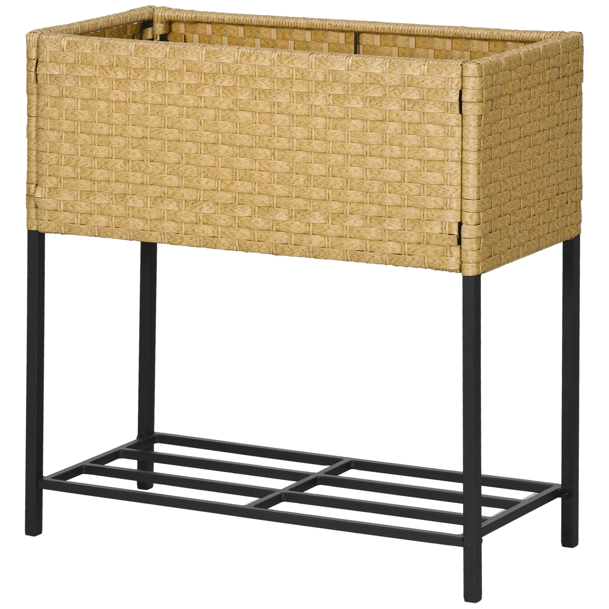 Raised Bed Flower Box, with Feet & Shelf, 70x30x72 cm, Poly Rattan, Sand-Colored - Image 2
