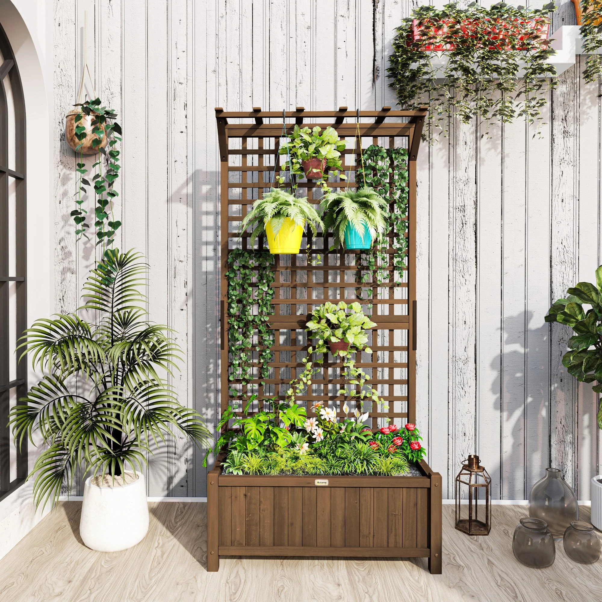 Raised Bed Planter with Drainage Holes and Trellis, Brown Wood