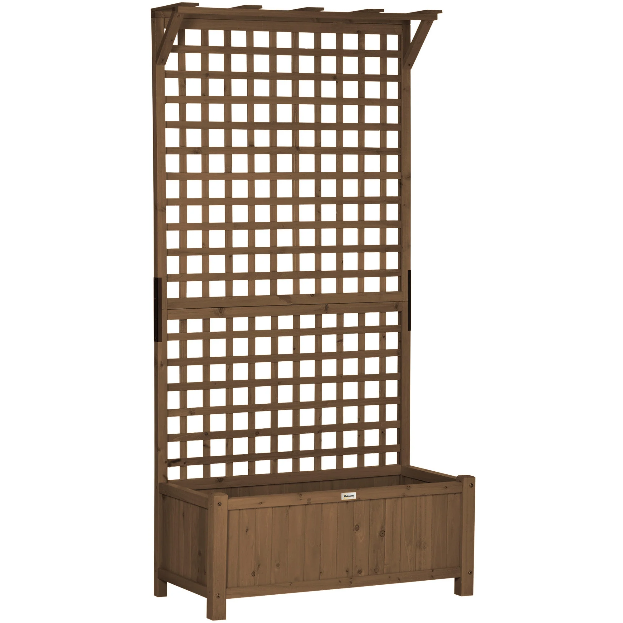 Raised Bed Planter with Drainage Holes and Trellis, Brown Wood - Image 2