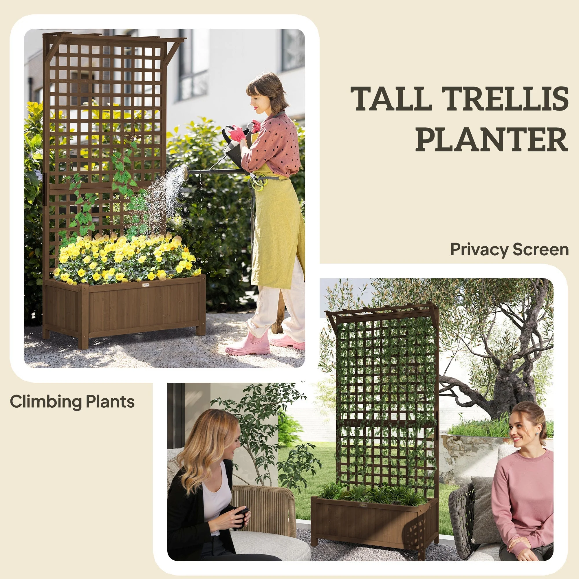 Raised Bed Planter with Drainage Holes and Trellis, Brown Wood - Image 4