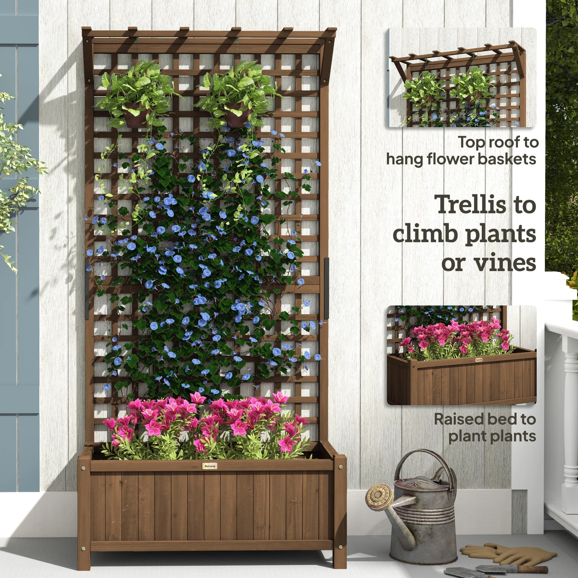 Raised Bed Planter with Drainage Holes and Trellis, Brown Wood - Image 5