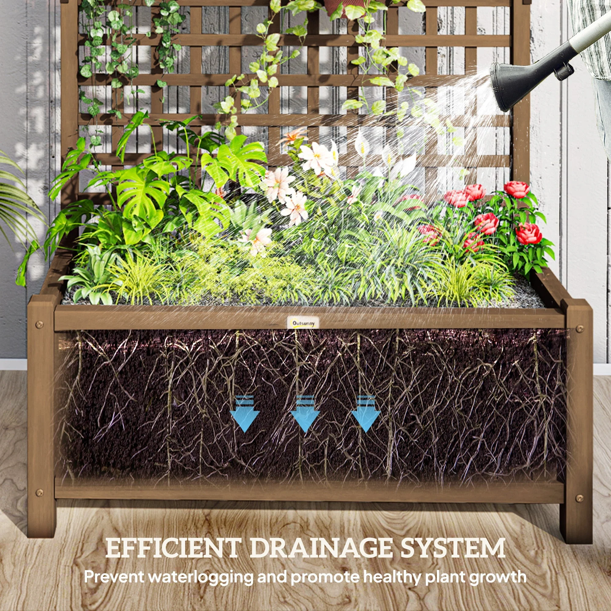 Raised Bed Planter with Drainage Holes and Trellis, Brown Wood - Image 6