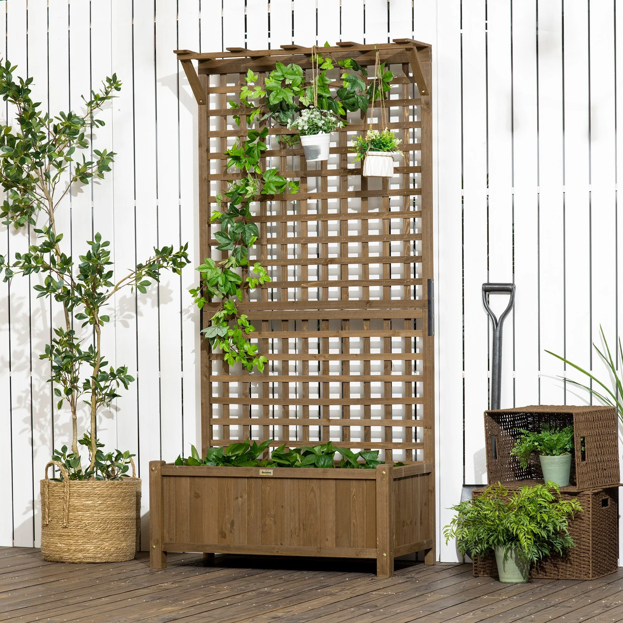 Raised Bed Planter with Drainage Holes and Trellis, Brown Wood - Image 7