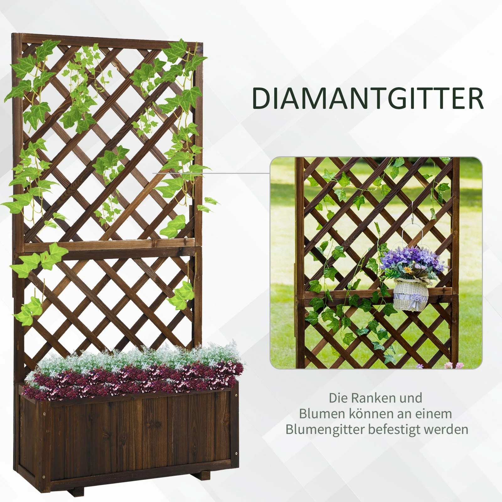 Raised Garden Bed with Trellis Flower Box, 72.5x31.5x149.5cm, Wooden - Image 4