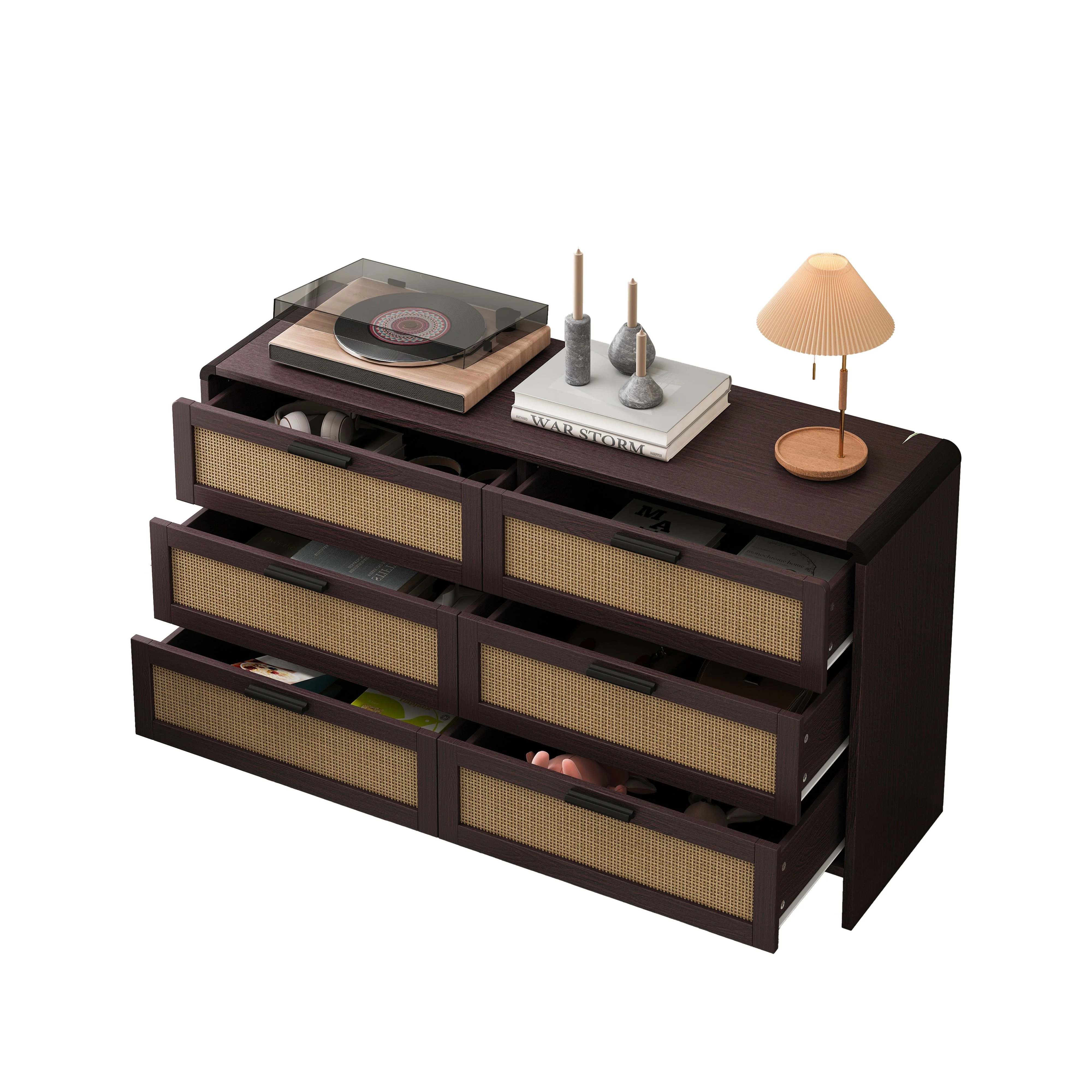 Rattan Cabinet, 130CM Arc Shaped Corner 6-Drawer Storage, Reddish-brown - Image 6