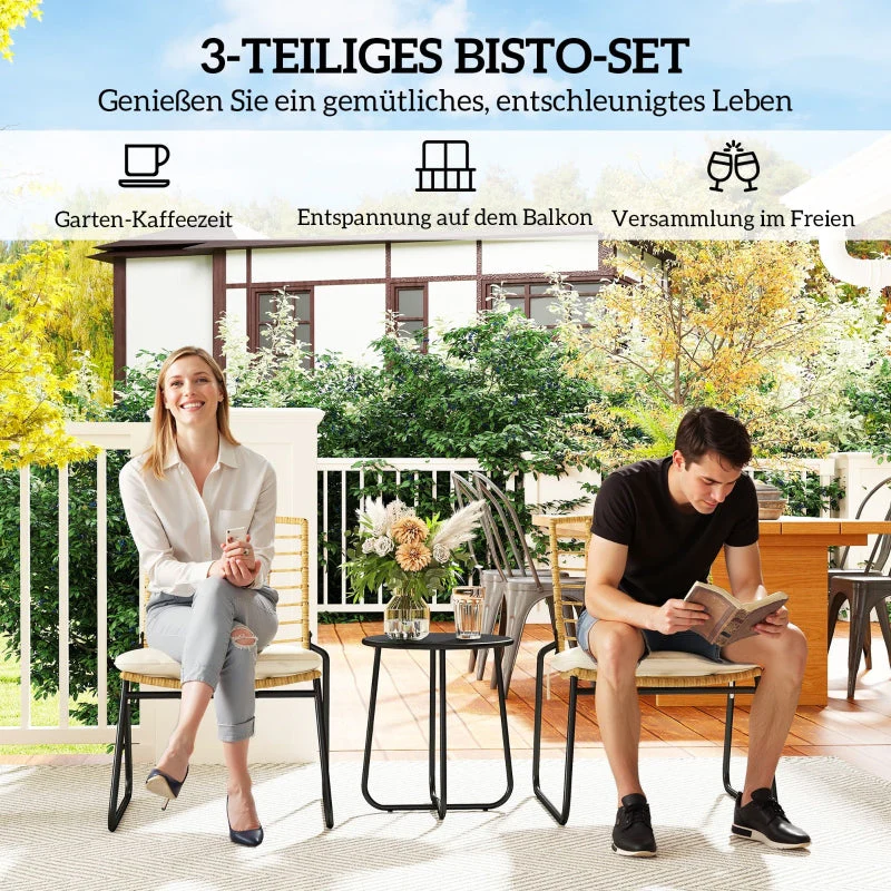 Rattan Garden Furniture Set, 2-Person 3-Piece Stackable, Beige & Brown - Image 5