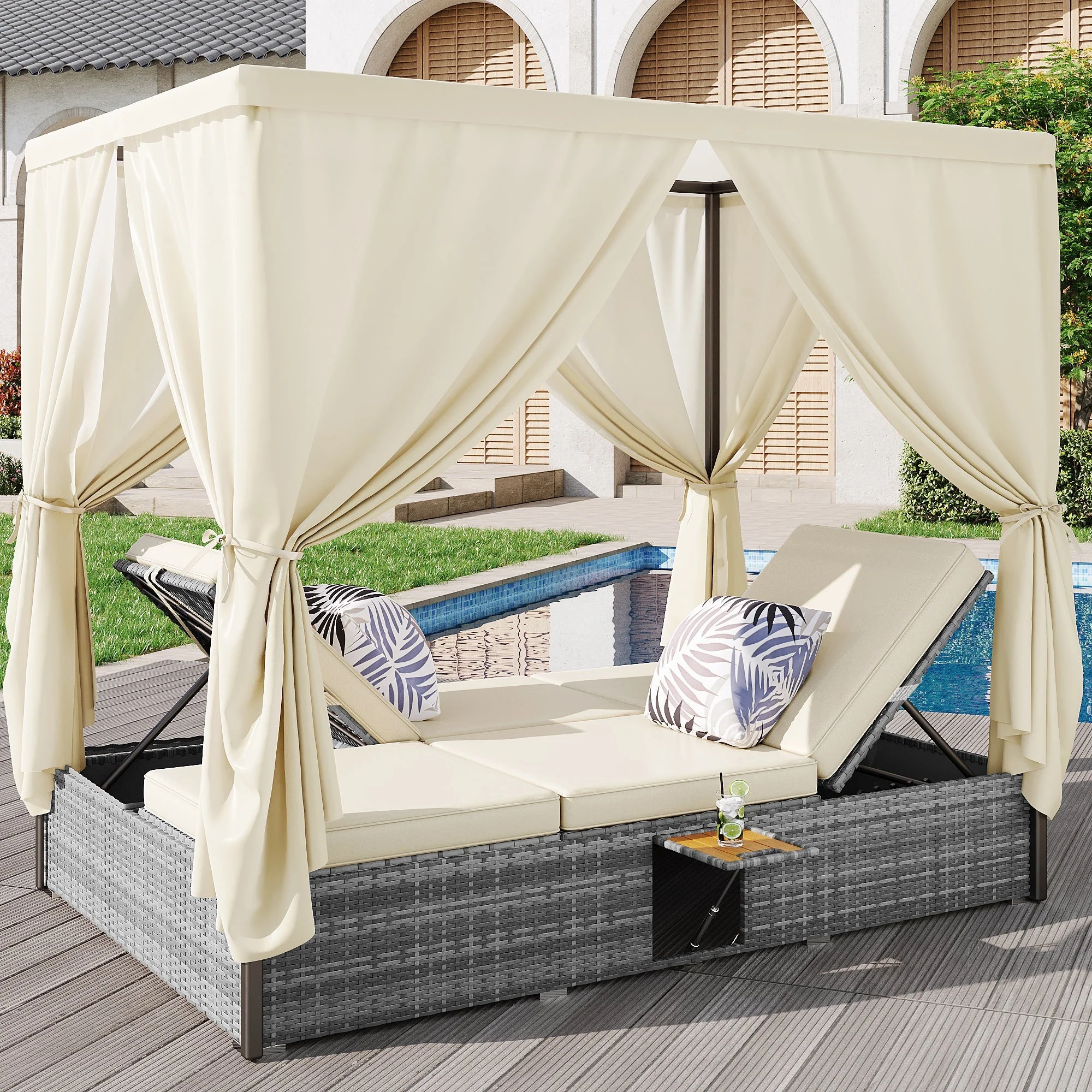 Rattan Garden Lounger Double Bed with Shade Curtain, Foldable & Table - Cream-White - Image 2