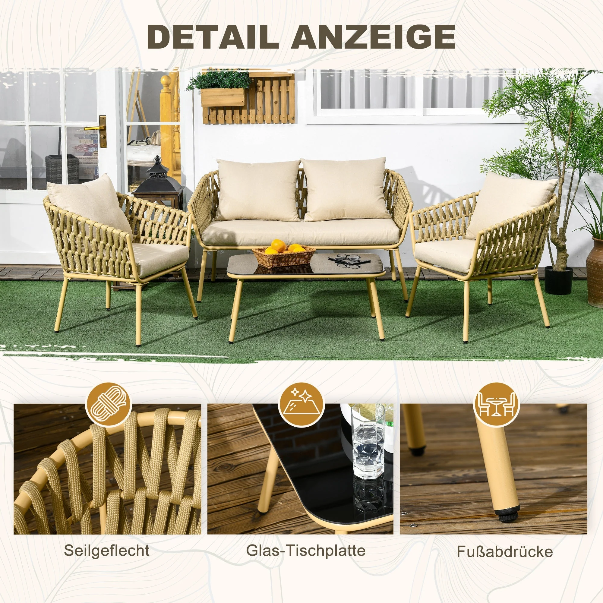 Rattan Garden Set 4-Piece with Coffee Table, 2 Armchairs, Double Sofa, Cushions - Khaki - Image 6